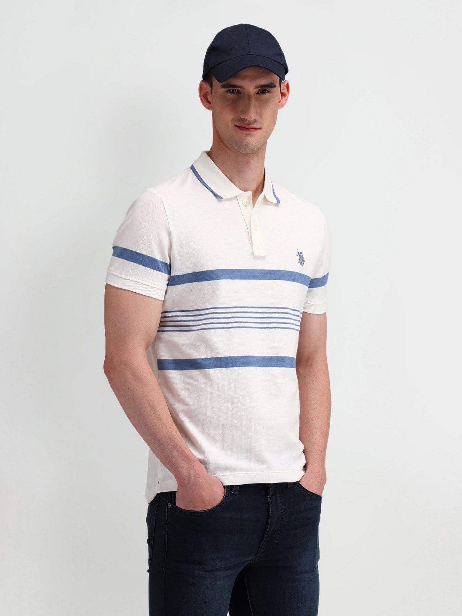U.S. Polo Assn. White Cotton Slim Fit Striped Polo T-Shirt