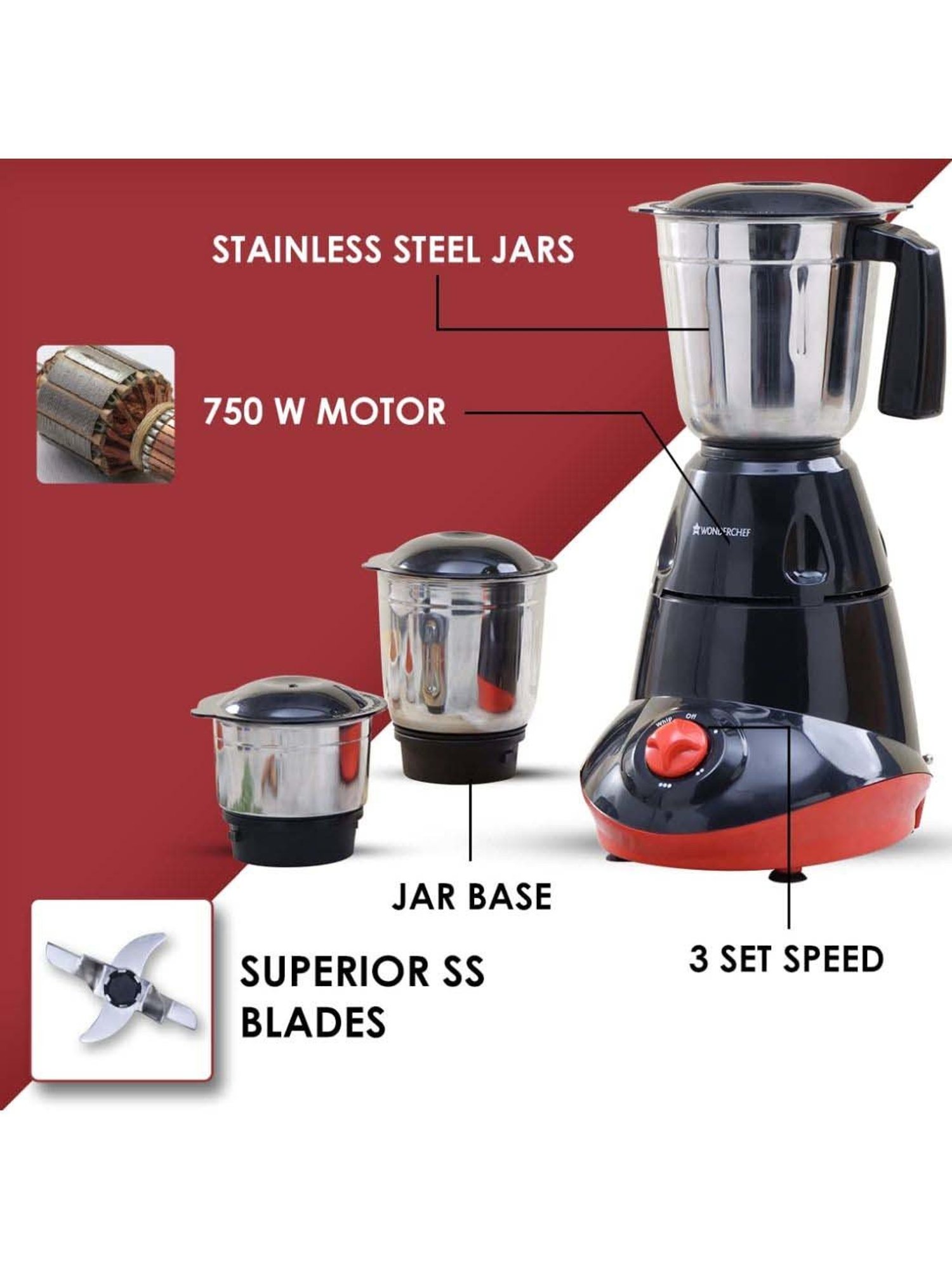 Wonderchef Capri 750W Mixer Grinder with 3 Stainless Steel Jars & 5 Years Warranty (Black & Red)