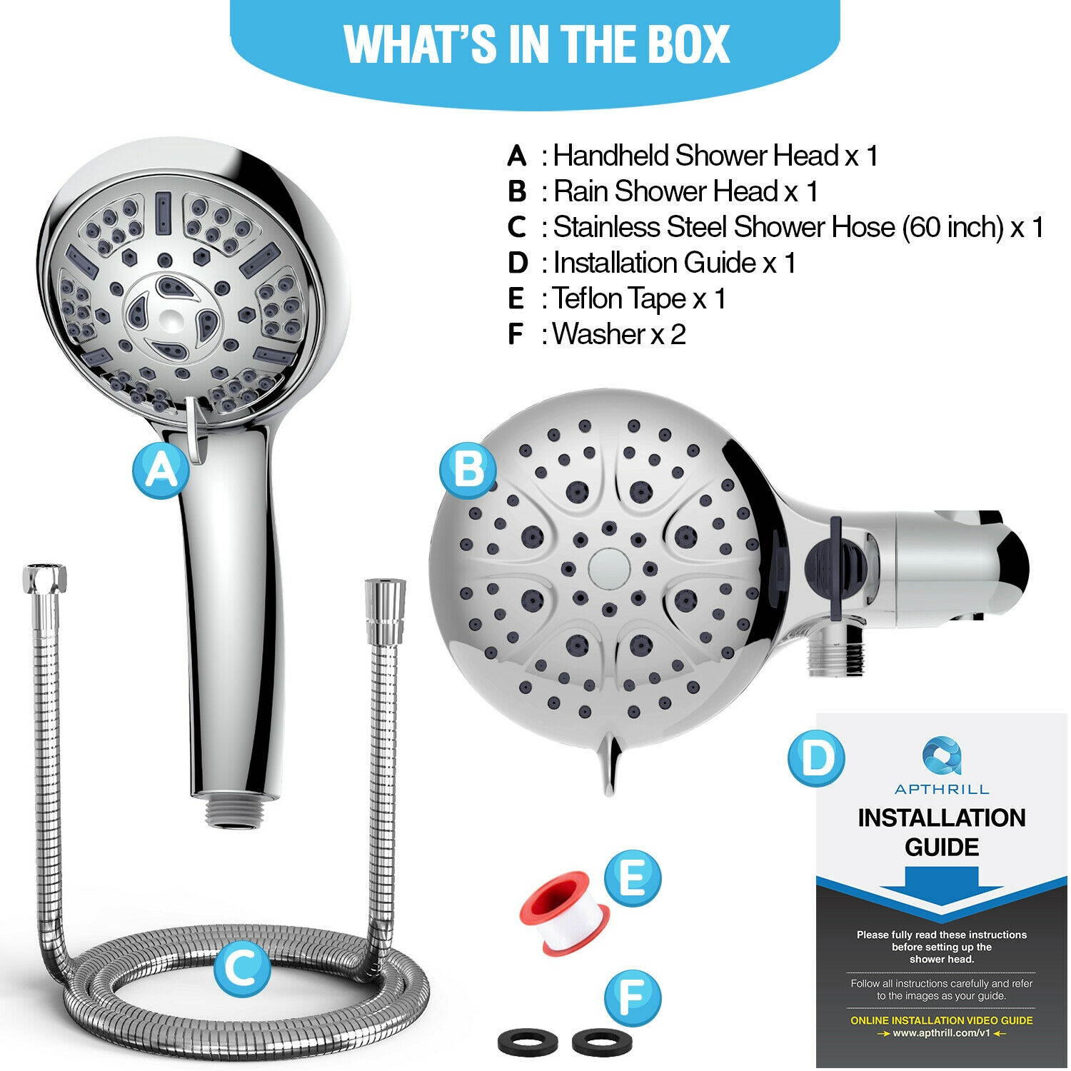 3-Way High Pressure Dual Shower Head Combo 6 Spray Settings Rain Shower 2.5 GPM