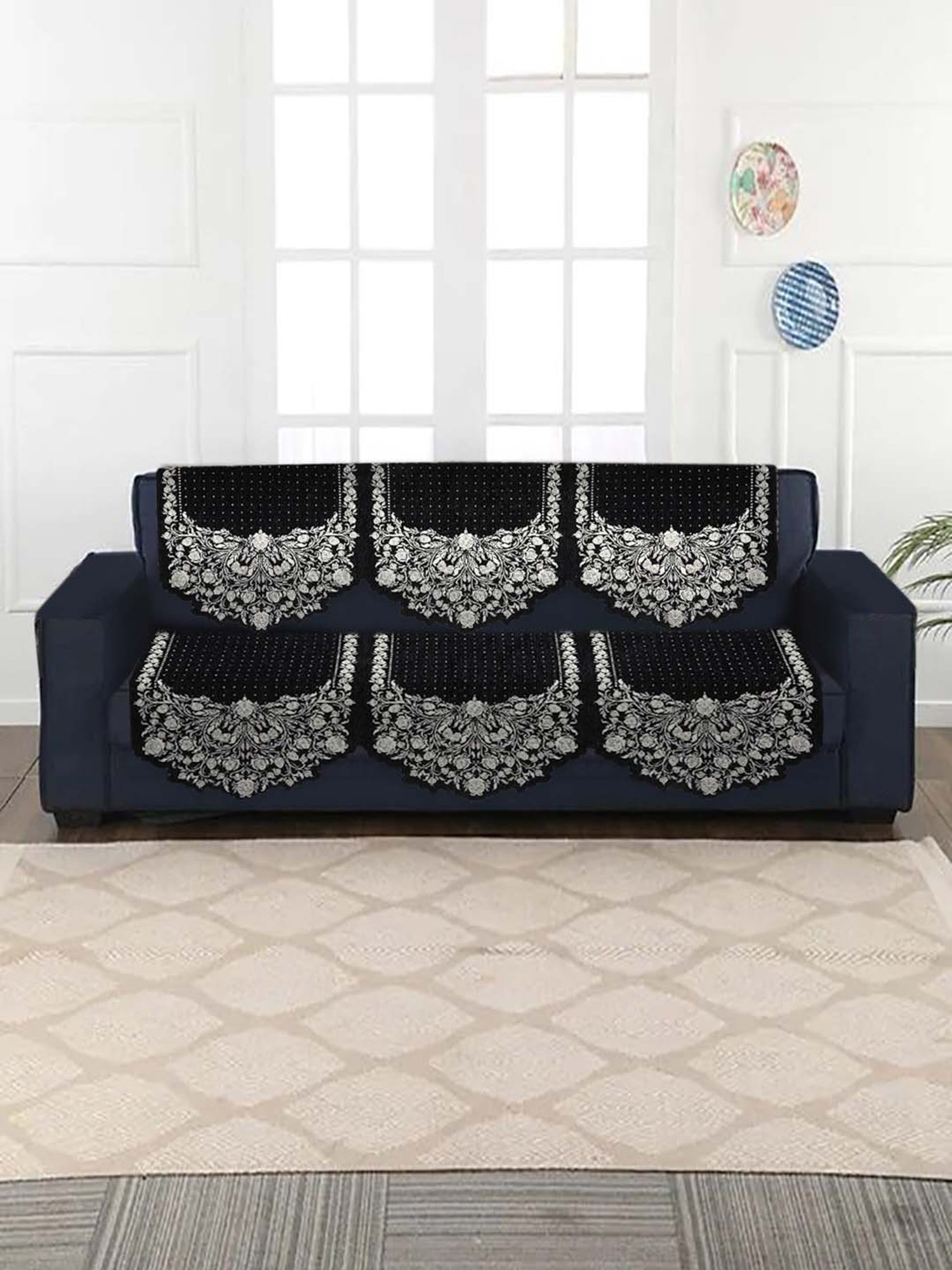 HOSTA HOMES Black & White Velvet 5-Seater Sofa Cover - Set of 10