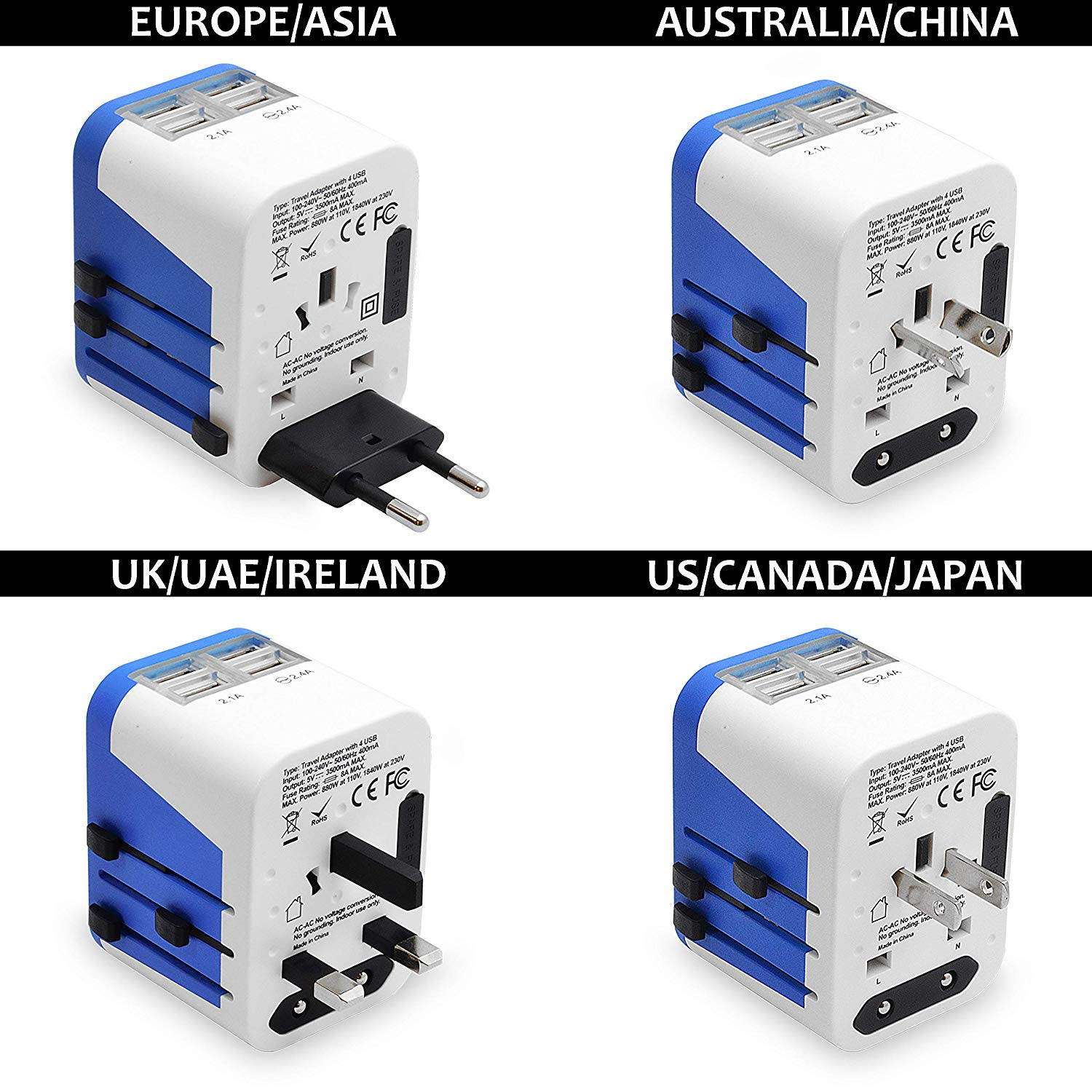 Ceptics Travel Adapter Plug World Power W/ 4 USB Ports - Charge Cell Phones, Smart Watches, iPhones All over the World - For International Europe, China, UK, UAE, Australia - Type A, C, G, I (UP-9KU)
