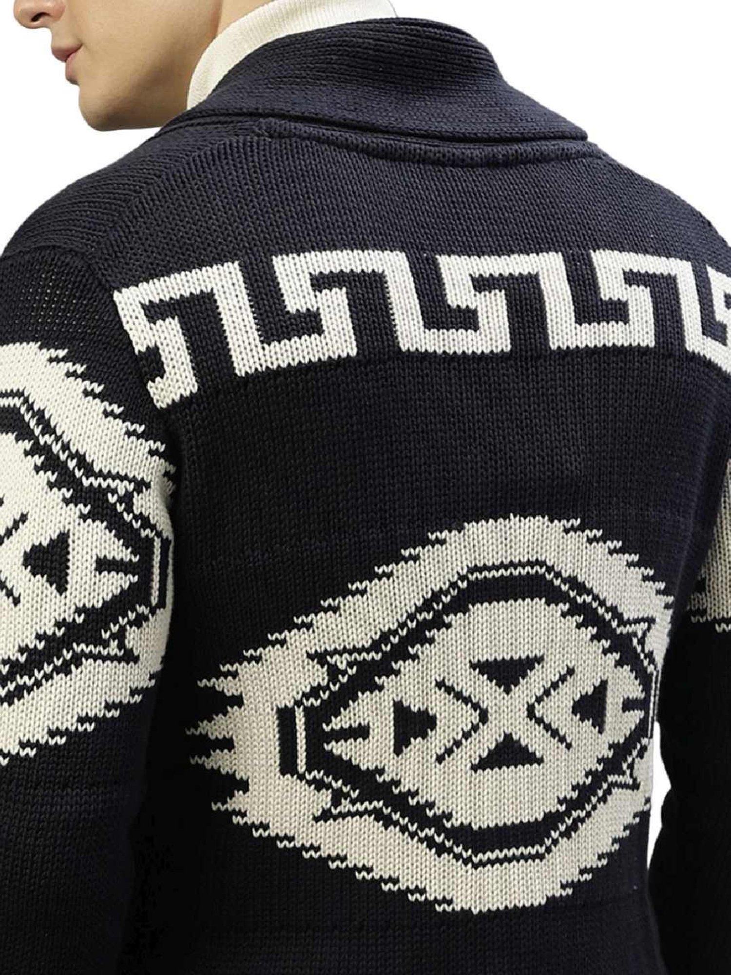 Lindbergh Navy Cotton Regular Fit Self Pattern Sweaters