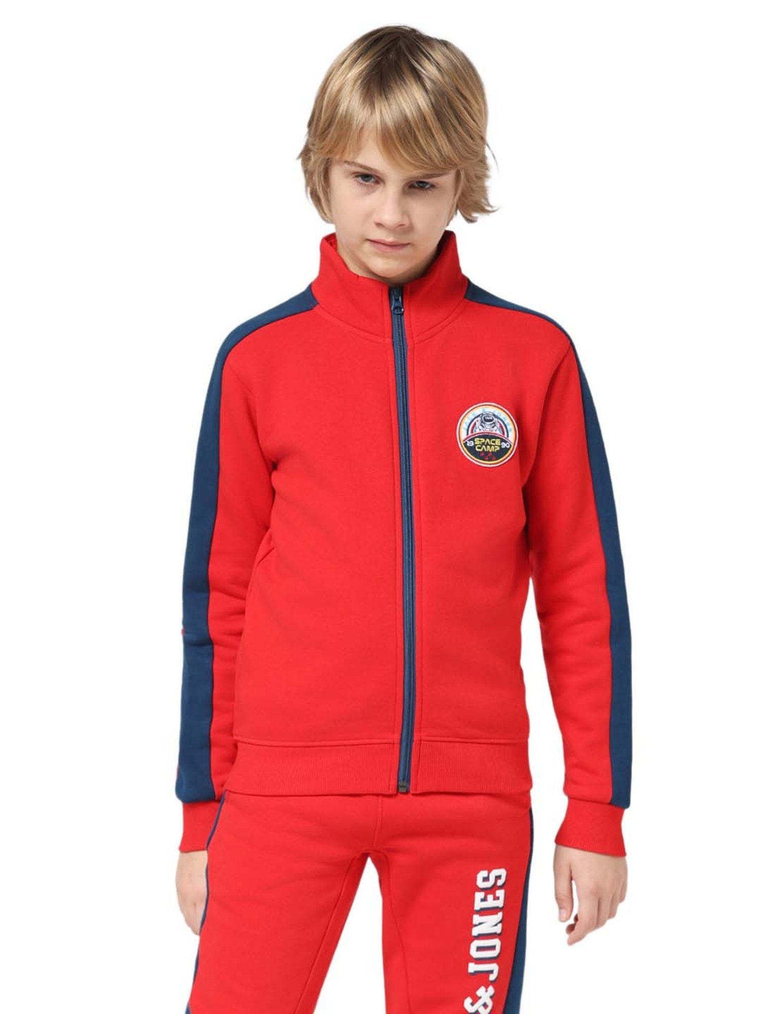 Jack & Jones Junior Mars Red Color Block Full Sleeves Sweatshirt