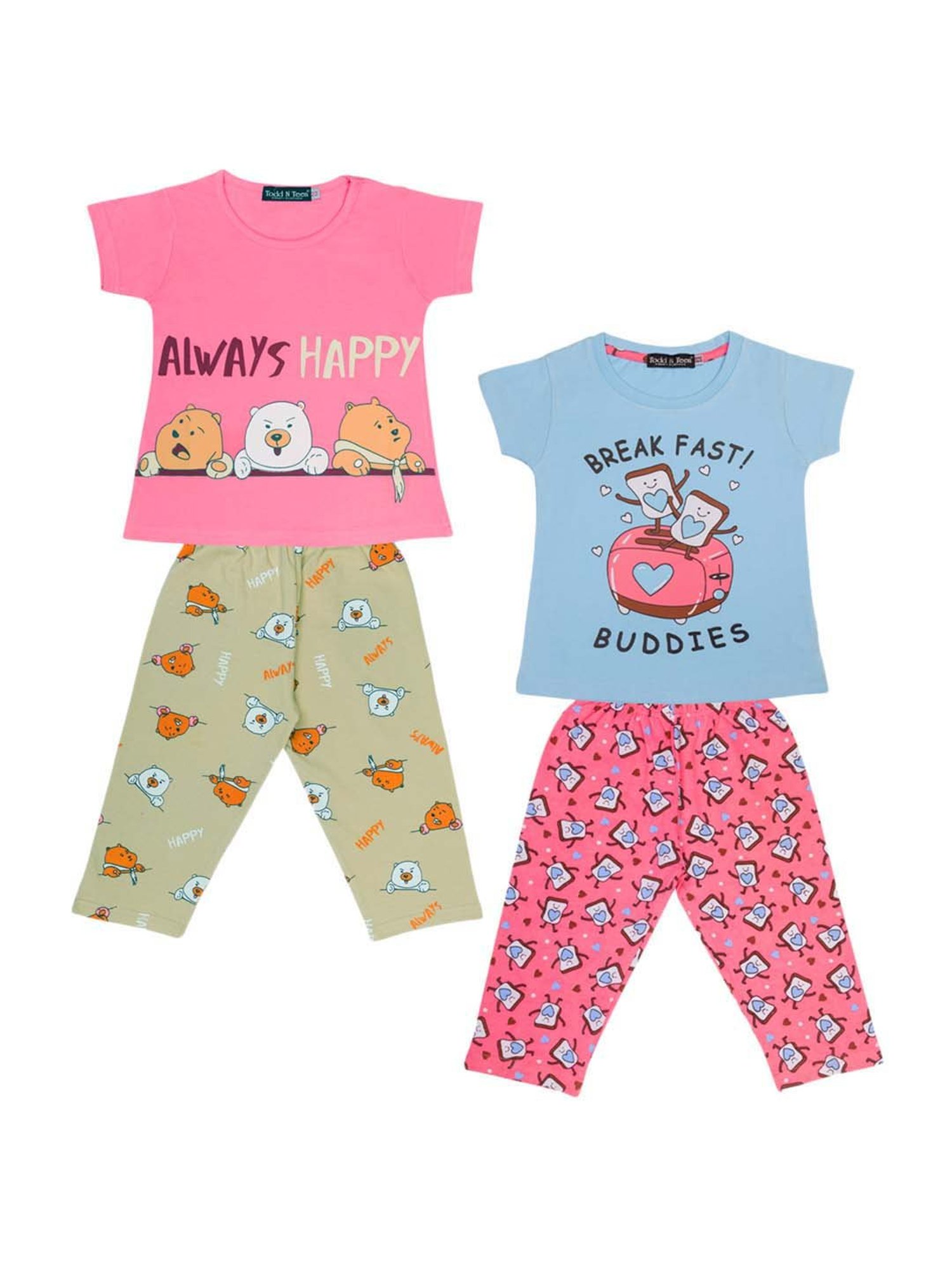 Todd N Teen Kids Pink & Blue Cotton Printed T-Shirt & Capris - Pack of 2