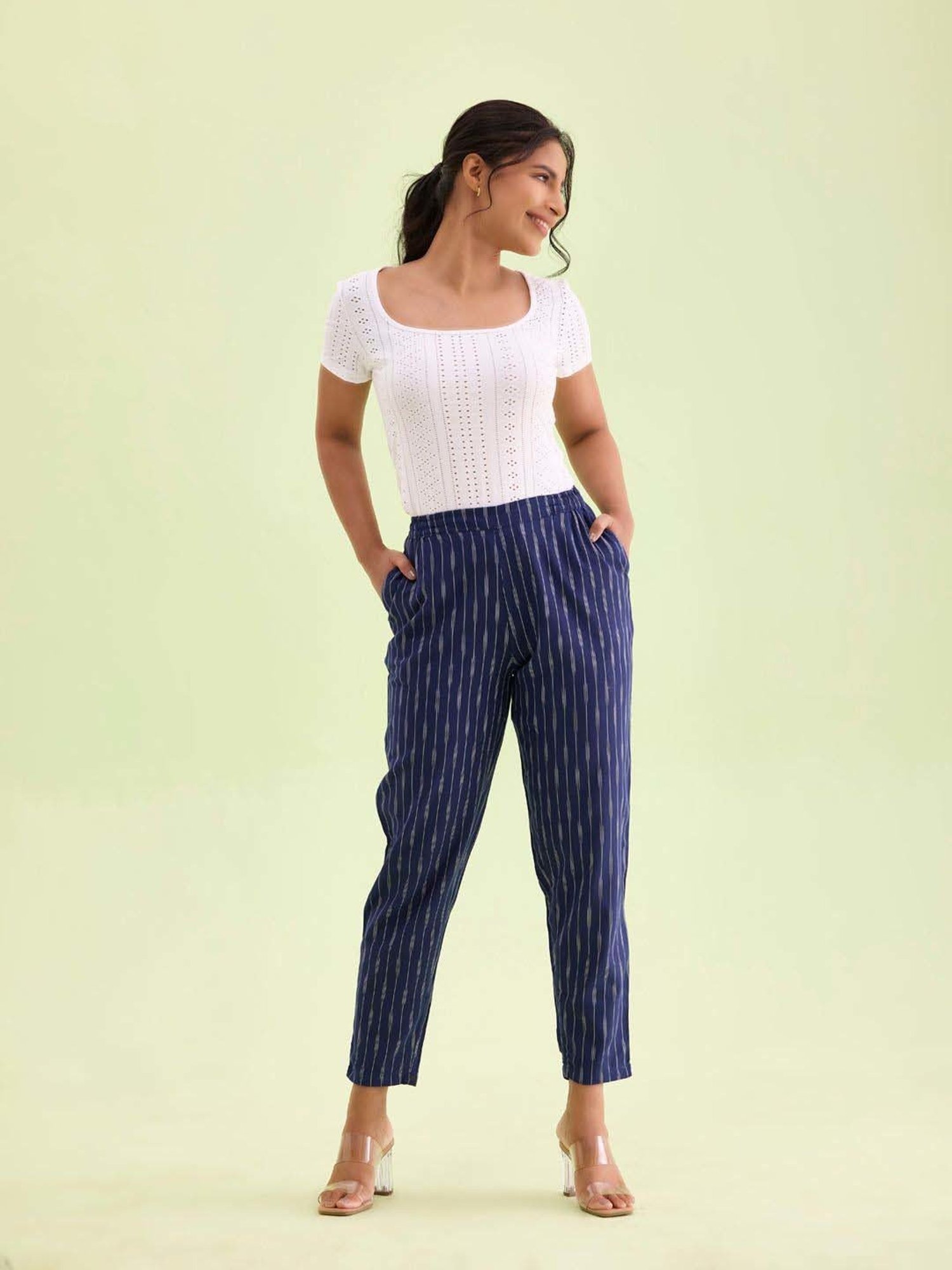 Go Colors! Navy Linen Printed Pencil Pants