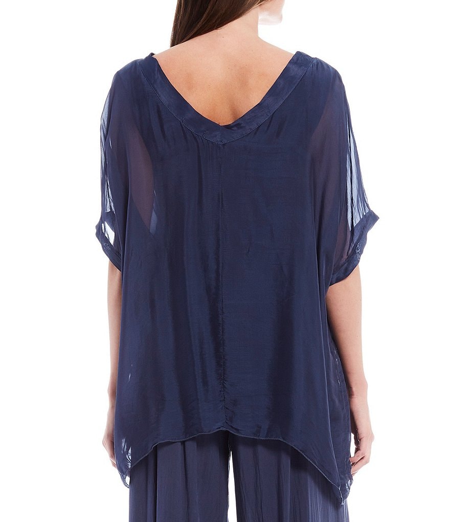 M Made in Italy V-Neck Sheer Sleeve Sharkbite Hem Silky Woven Top