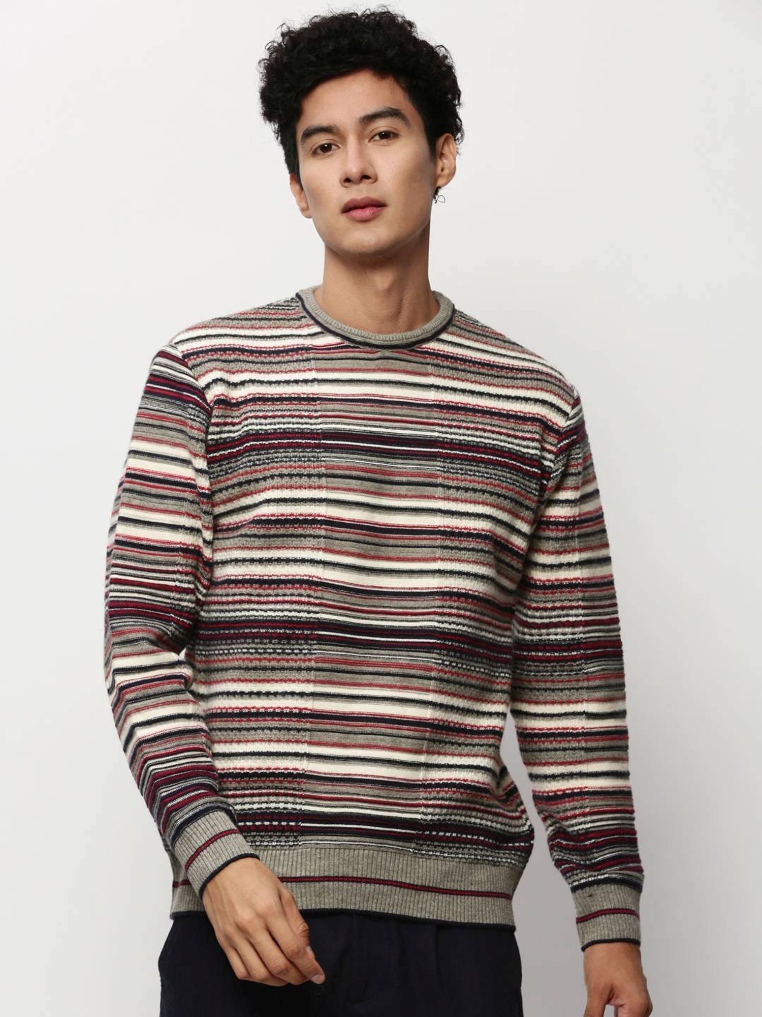 SHOWOFF Grey Slim Fit Self Pattern Sweater