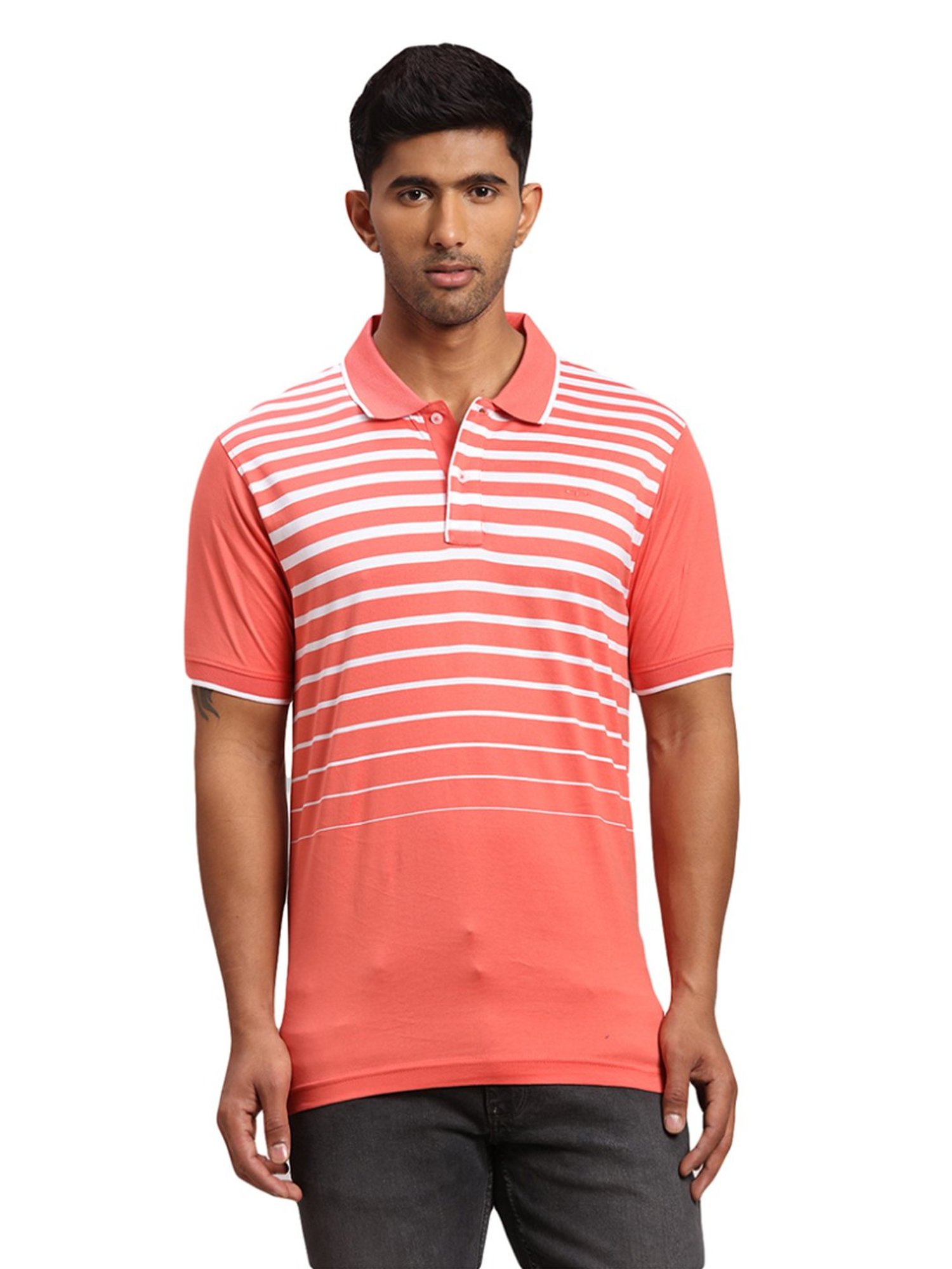 Colorplus Orange Cotton Tailored Fit Striped Polo T-Shirt