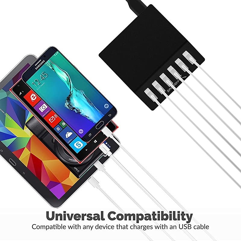 Premium 60 Watt 12 Amp 6Port Aluminum FamilySized Desktop USB Rapid Charger Smart USB Charger with Auto Detect Technology Black AXFLCHB