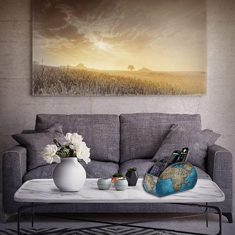 Remote Control Holder, PU Leather Remote Caddy Desktop Organizer with 5 Spacious Compartments for TV Remotes/Media Controllers/Office Supplies(Vintage Map)