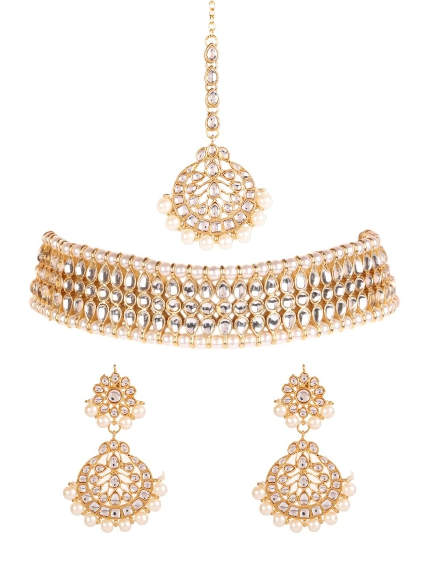 Aatmana Gold-Toned Kundan & Pearl Necklace, Earring & Maang Tikka Set