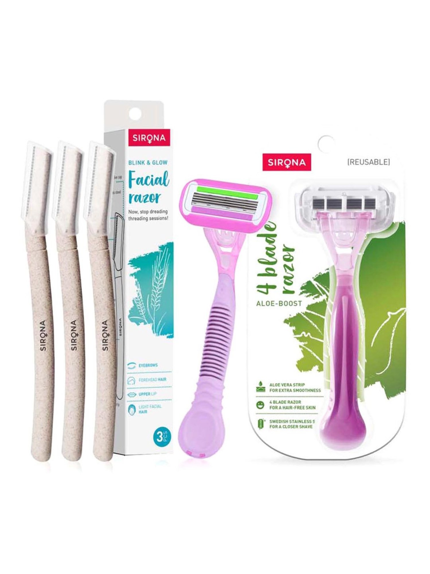Sirona Reusable Eyebrow and Face Razor - 3 Pcs with Reusable Hair Removal Razor - 1 Pcs