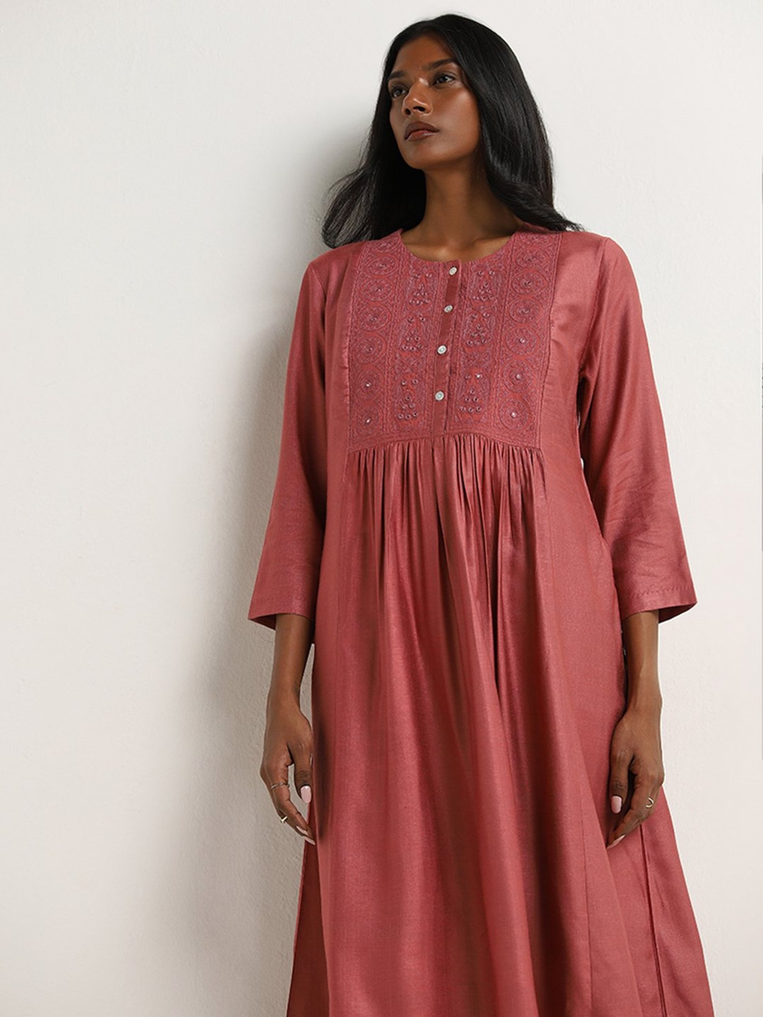Zuba by Westside Dusty Pink Embroidered A-Line Kurta