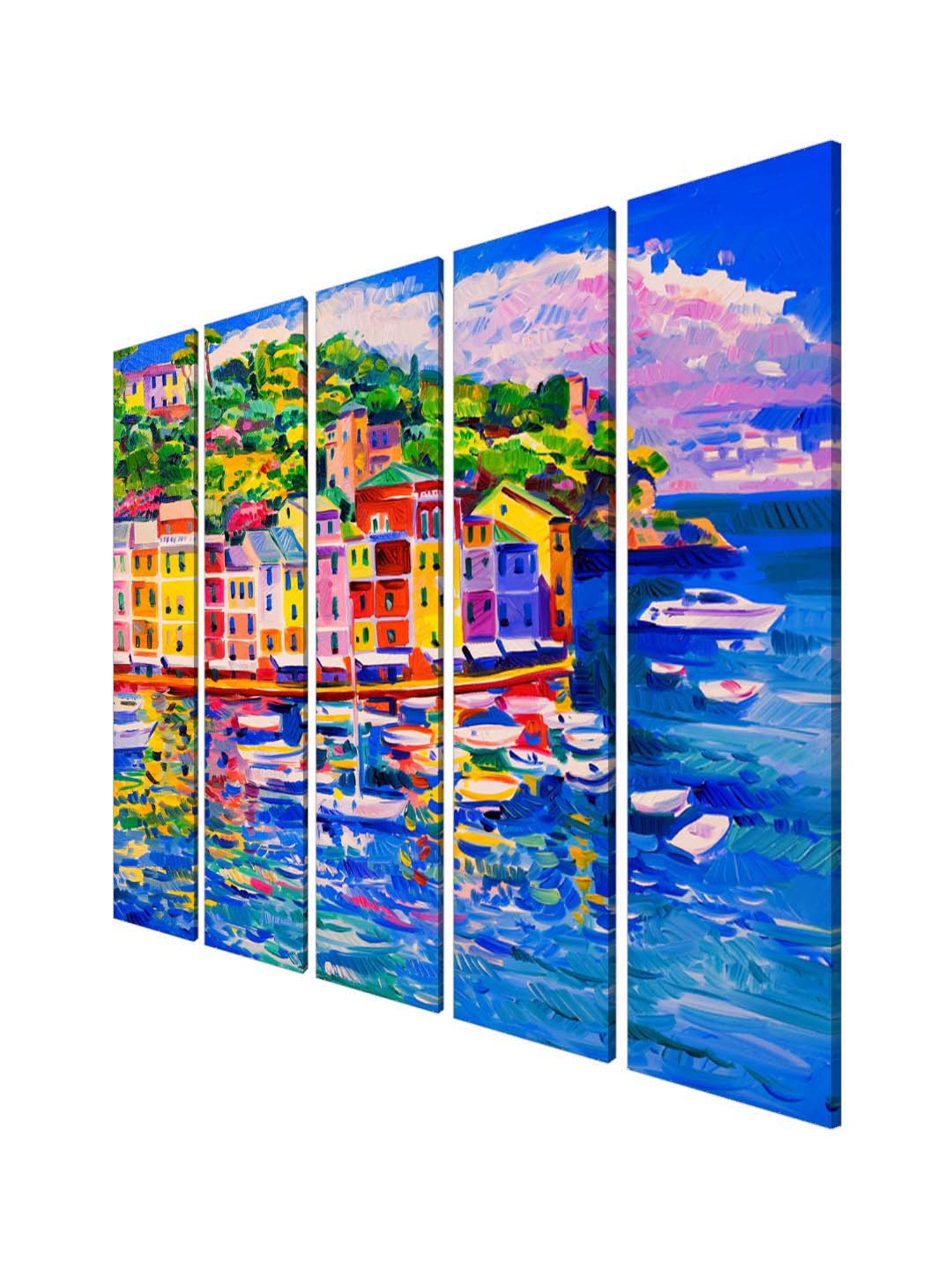 999Store Blue Modern City and Boat in Lake Art 5 Frame MDF Paintings