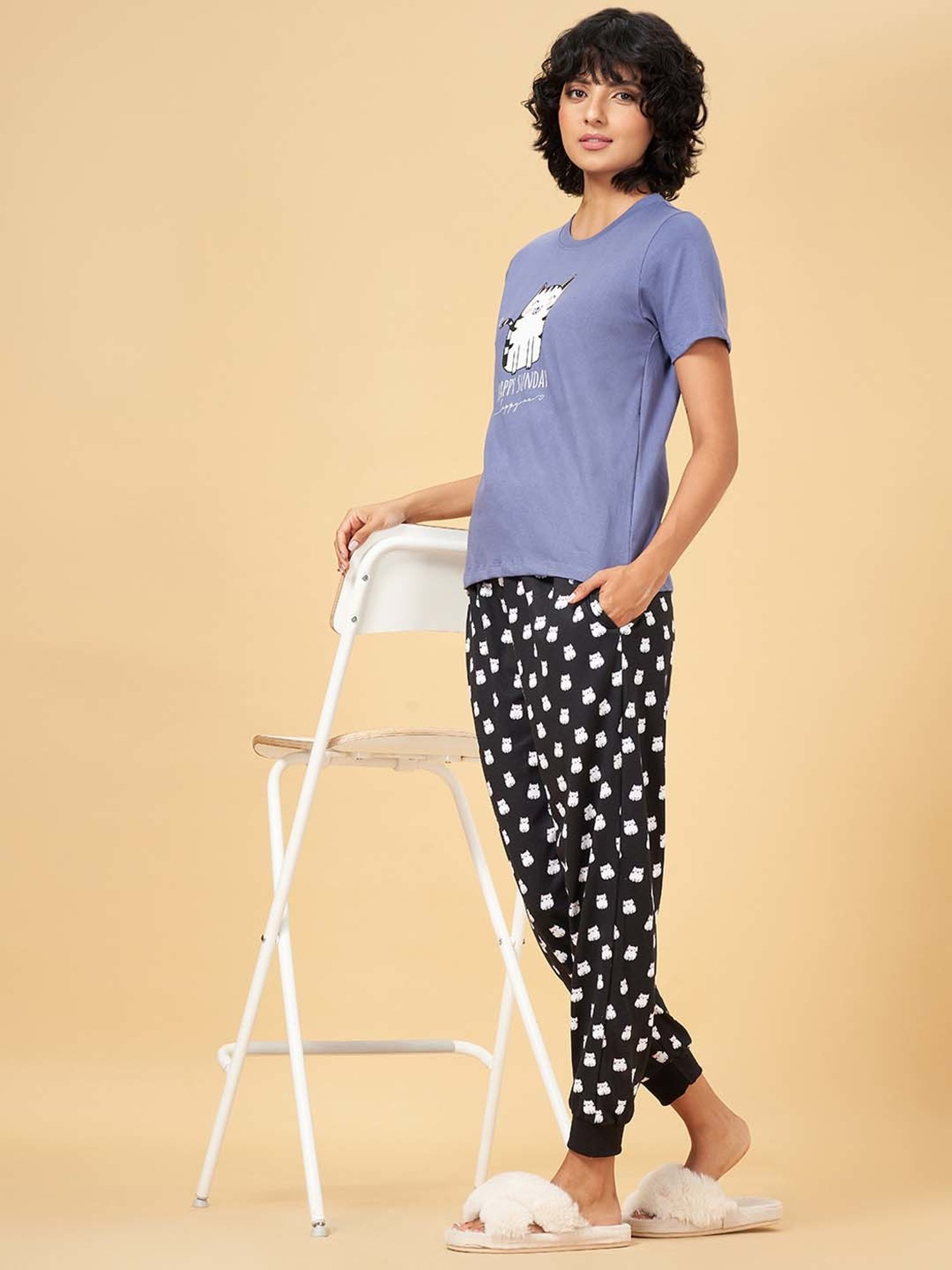 YU by Pantaloons Blue & Black Cotton Printed T-Shirt Pyjamas Set