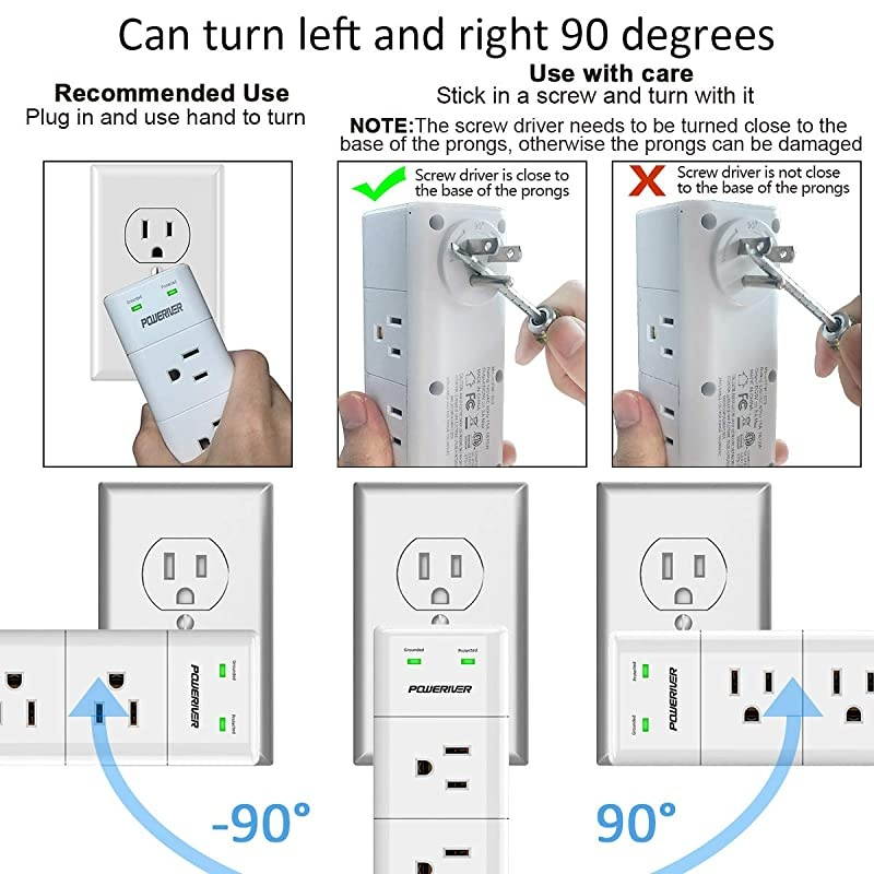 Surge Protector Wall Mount Outlet Splitter with Rotating Plug  Power Strip with 6 Outlet Extender 3 Side and 3 USB Ports 1680 Joules for HomeSchoolOfficeTravel White