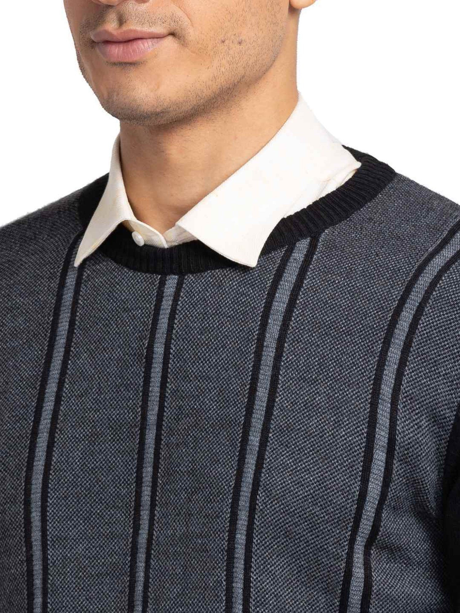 Raymond Black Regular Fit Striped Sweater