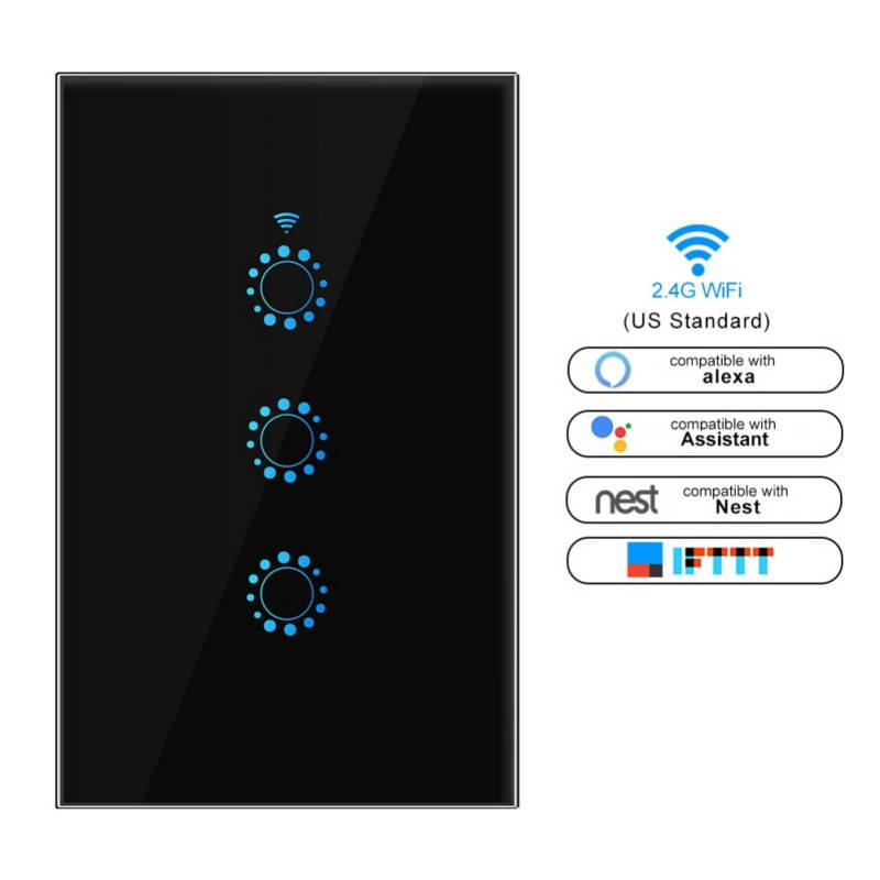 Smart Switch 3 Gang WiFi Light Switches in Tempered Glass Touch Panel by Tuya/Smart Life APP Compatibles with Alexa, Google Home and IFTTT,No Hub Required (Black)