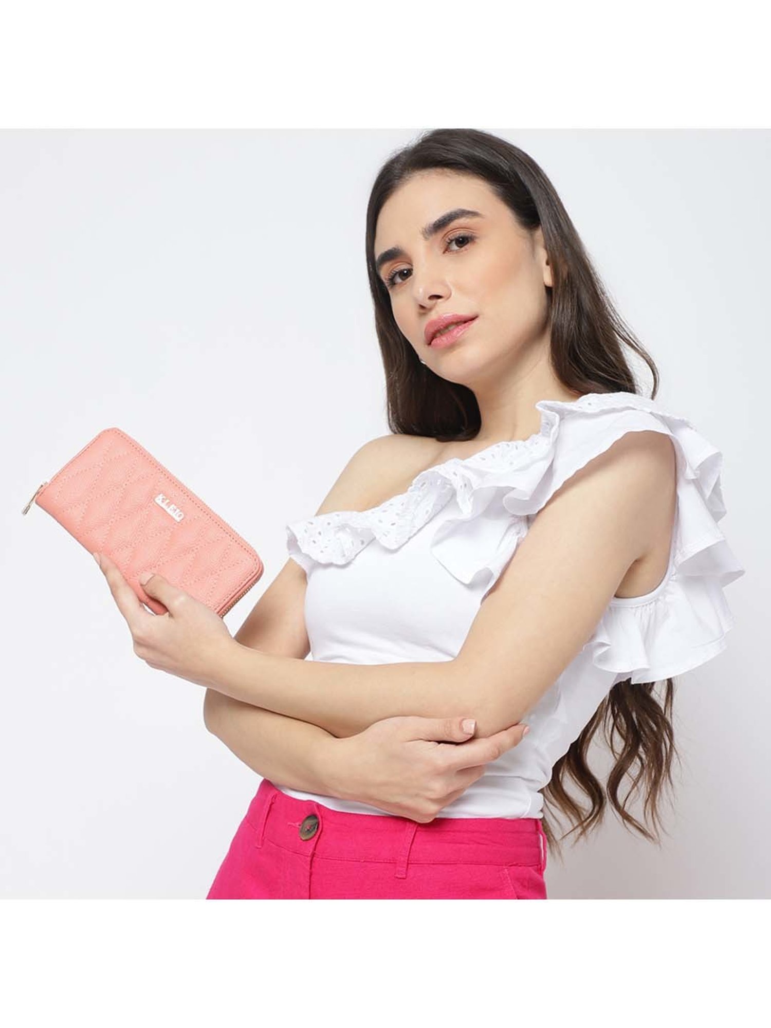 KLEIO Peach Quilted Zip Around Wallet for Women