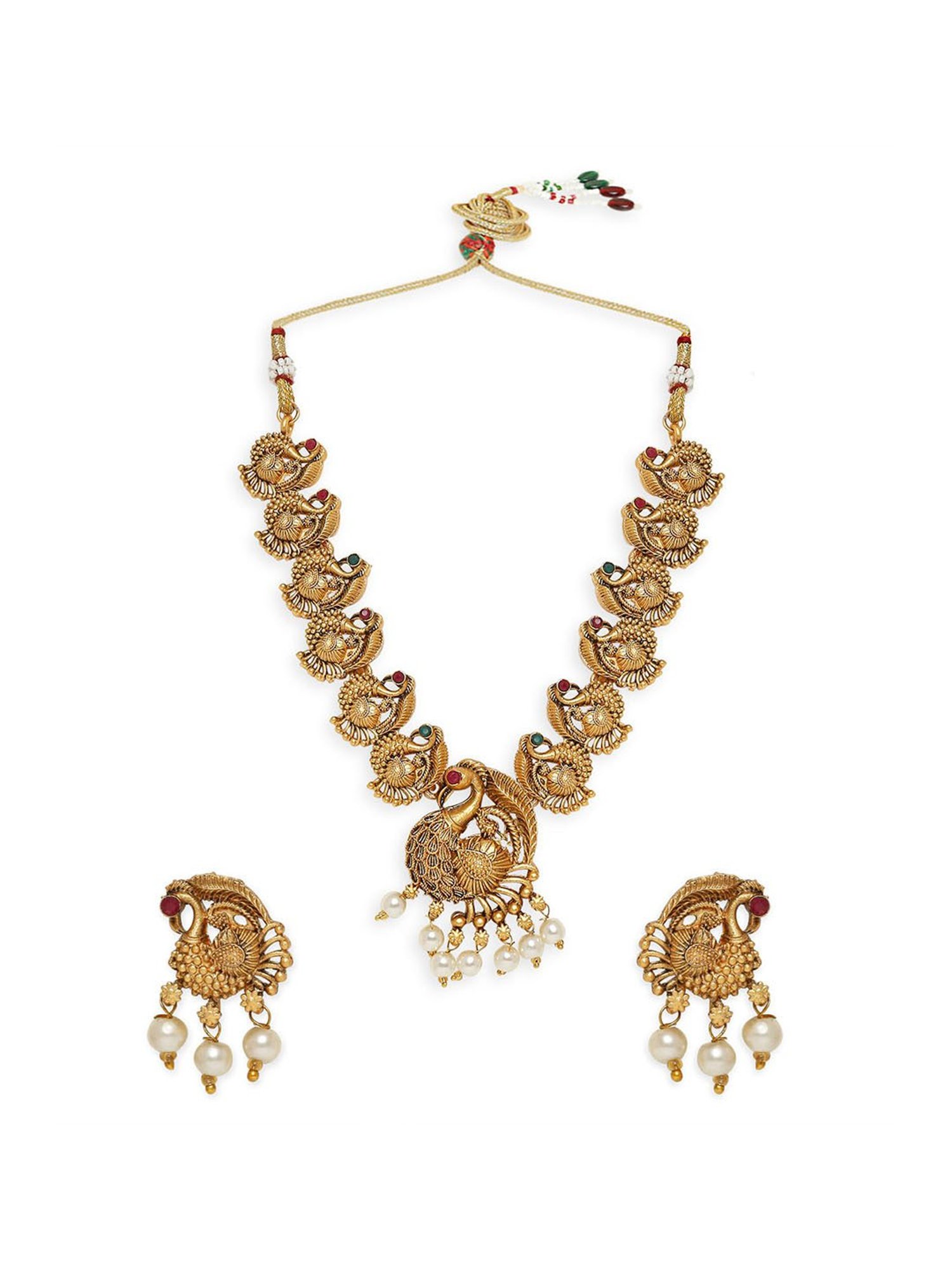 OOMPH Antique Gold Tone Red & Green Stone Peacock Design Necklace Set with Drop Earrings