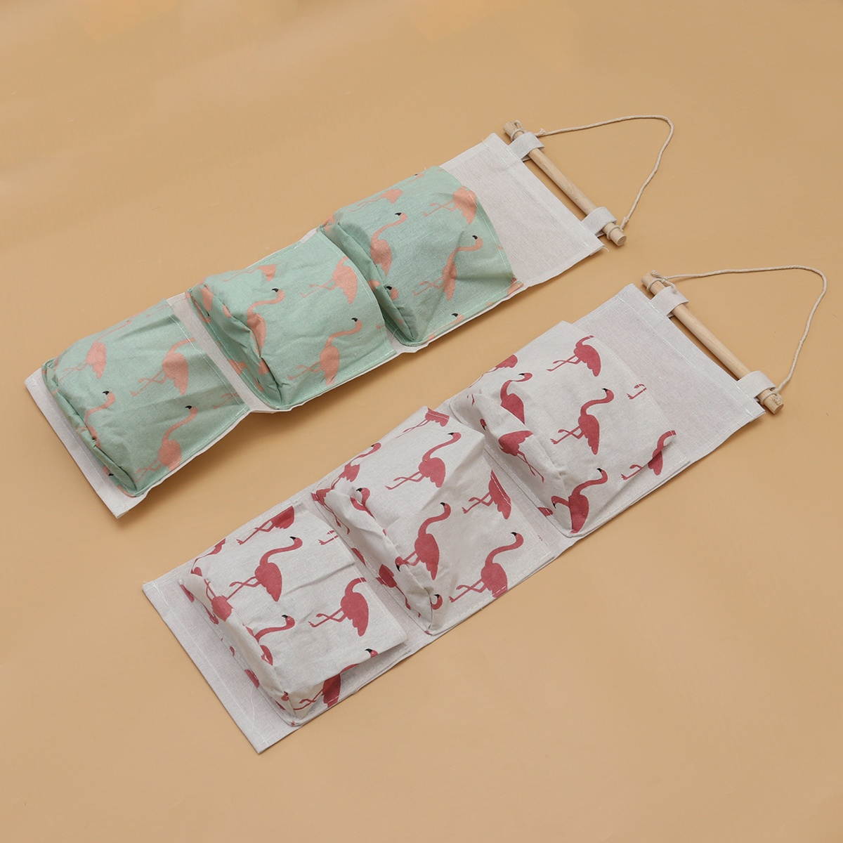 2pcs Canvas Storage Bags Hanging Bags Wall Fabric Hanging Doors Mobile Phone Bags Socks Wardrobes Dormitories Storage Box(White Flamingos and Green Flamingos)