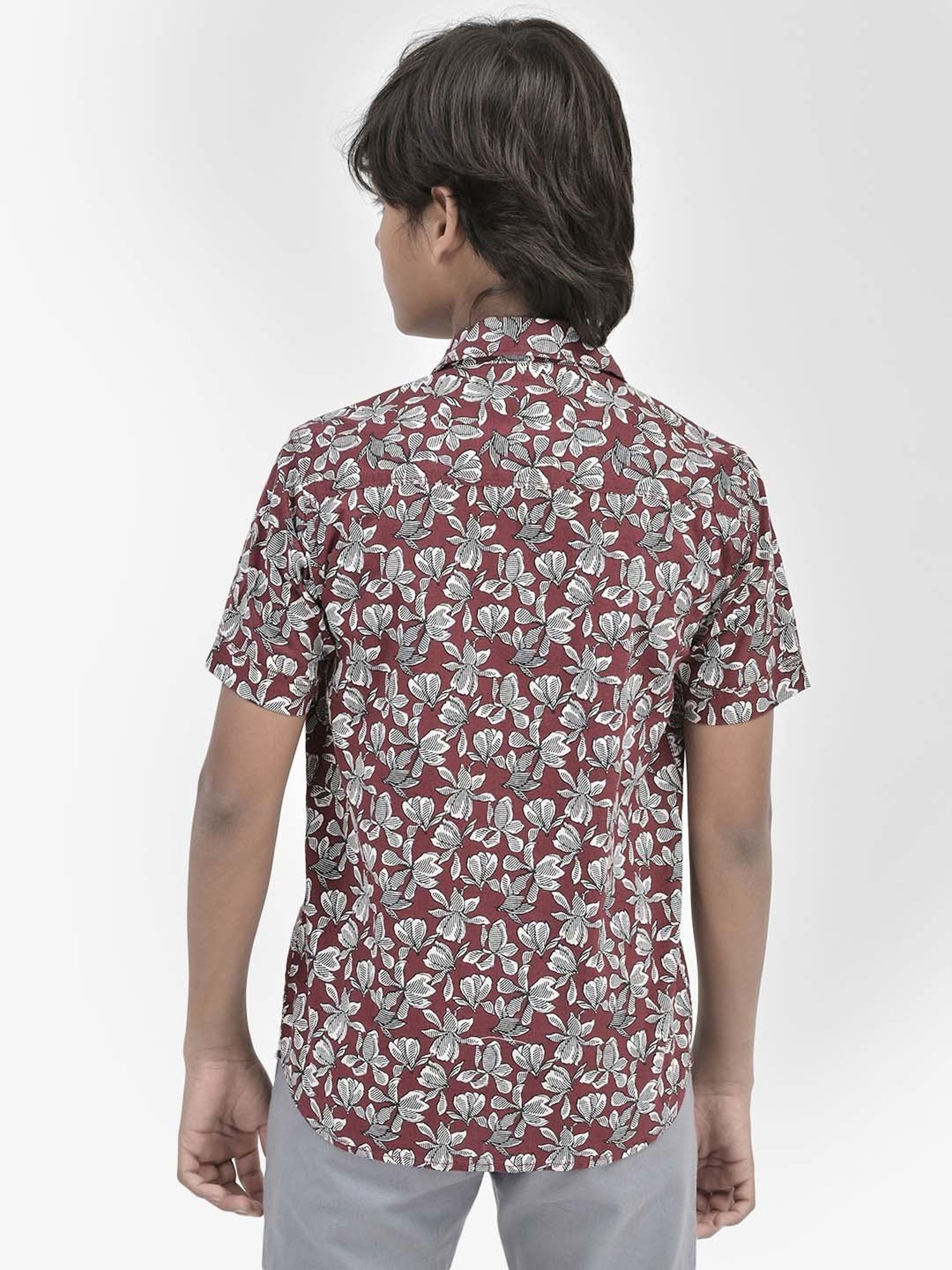 Crimsoune Club Kids Maroon Cotton Floral Print Shirt