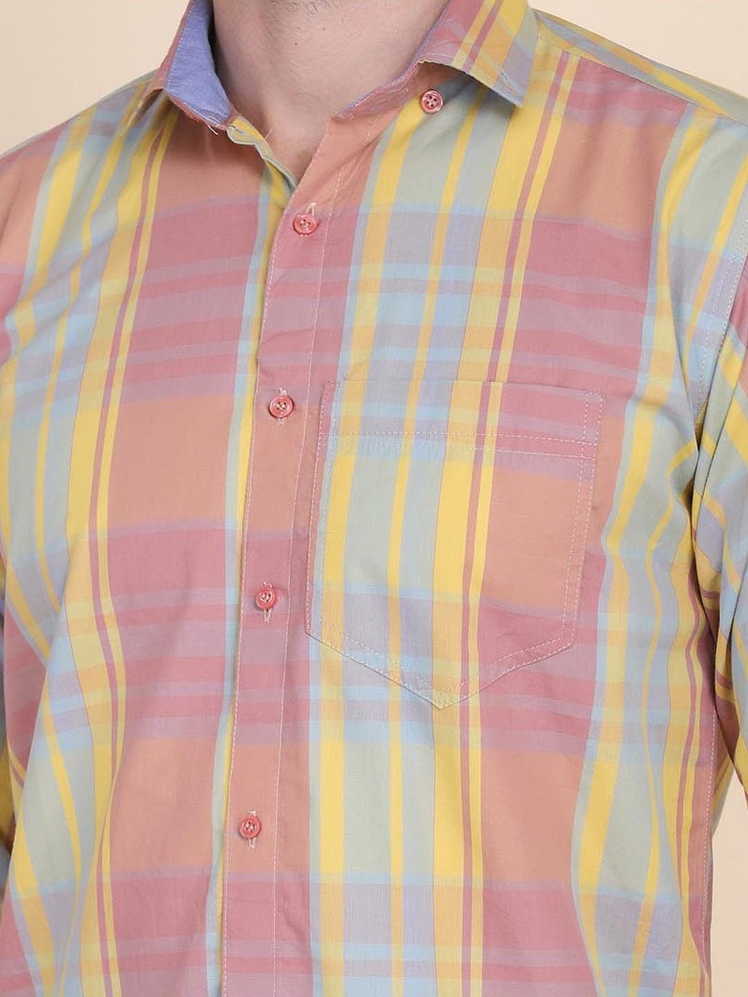 TAHVO Pink & Yellow Cotton Slim Fit Checks Shirt