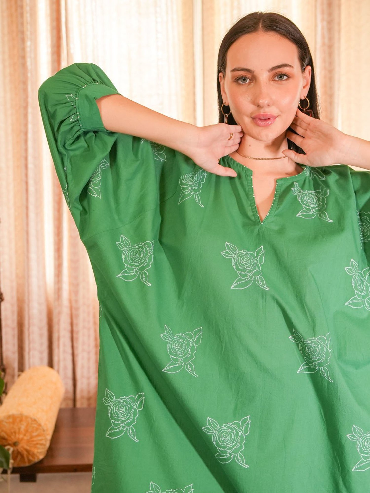 Akiso Emerald Green Hand Block Printed Assymetrical Kaftan
