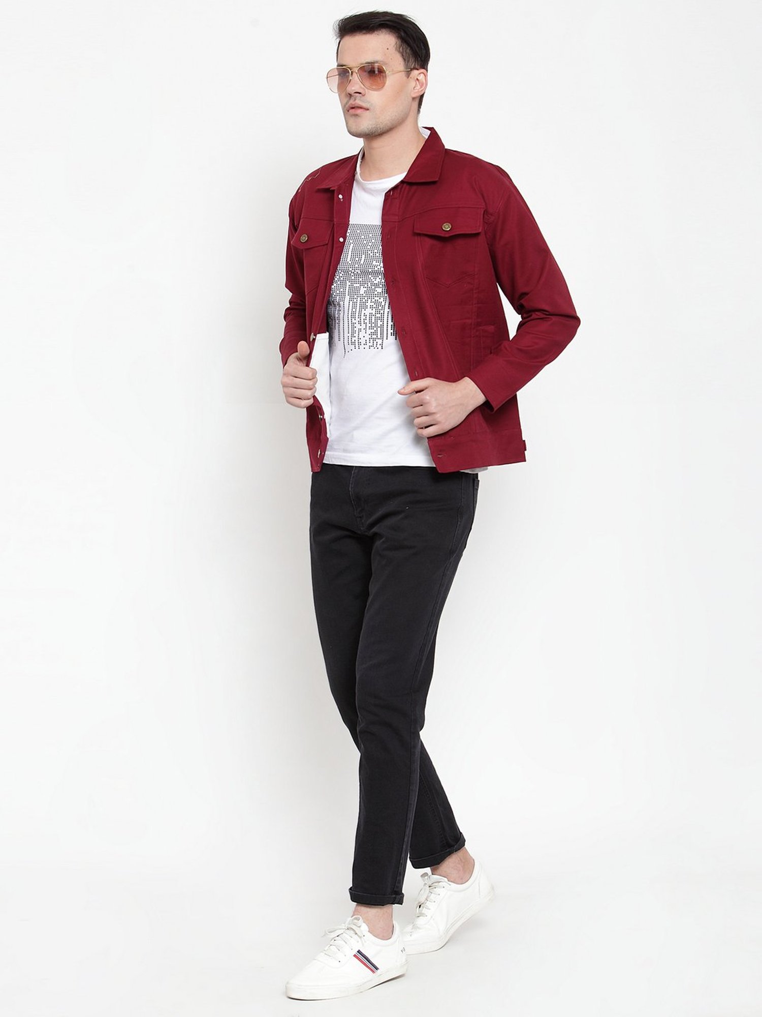 VOXATI Wine Full Sleeves Shirt Collar Denim Jacket