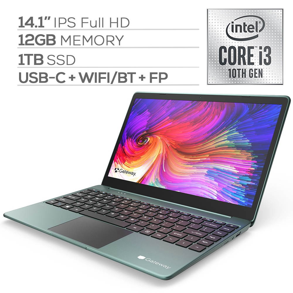 Gateway Notebook Ultra Slim Laptop 14.1" IPS FHD Intel Core i3-1005G1 Up to 3.4GHz 12GB RAM 1TB SSD USB-C FP Reader Webcam HDMI Wi-Fi THX Audio Win 10 S Black