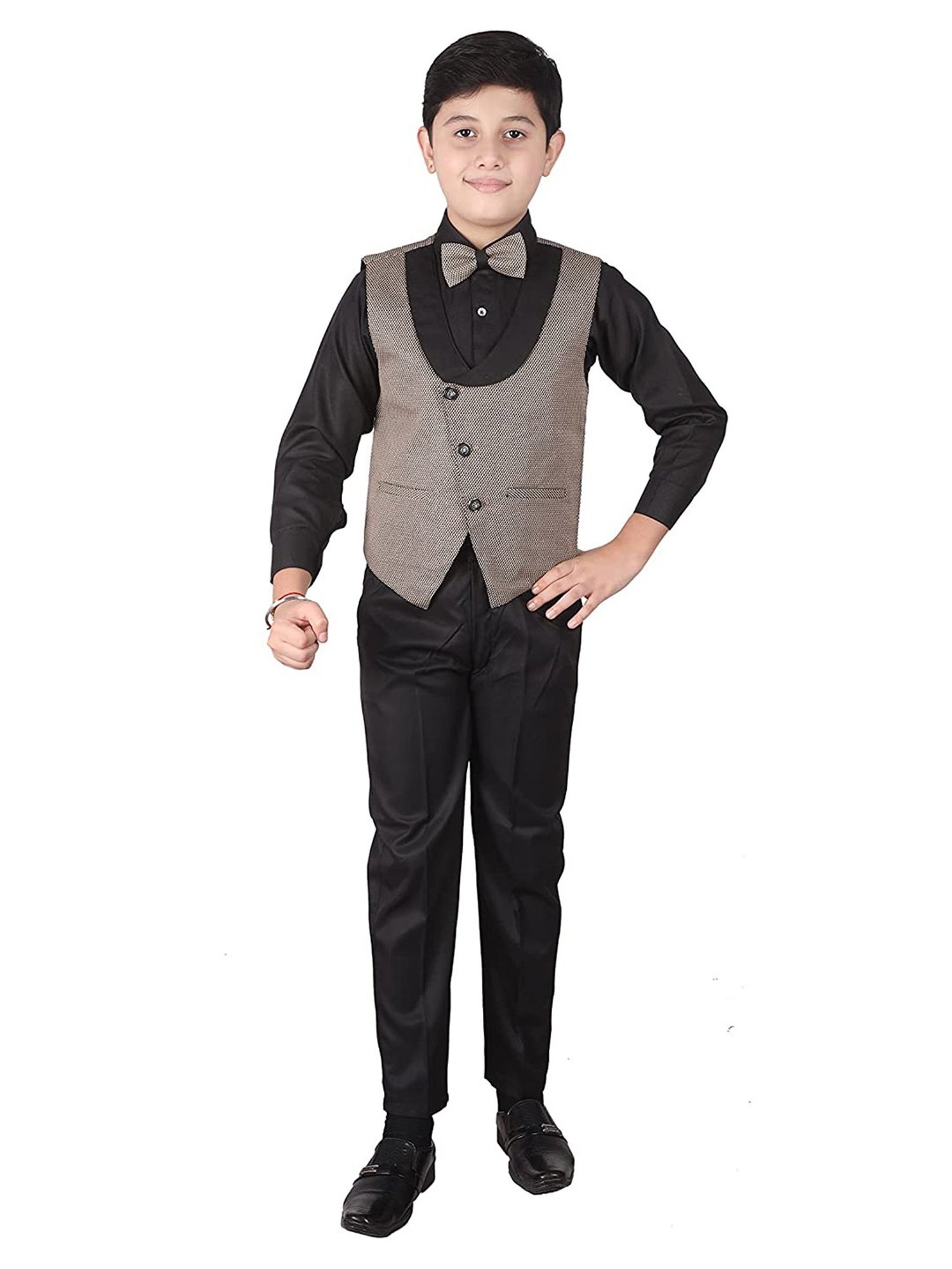 Pro-Ethic Style Developer Kids Beige & Black Printed Full Sleeves Shirt, Waistcoat, Pants with Bow