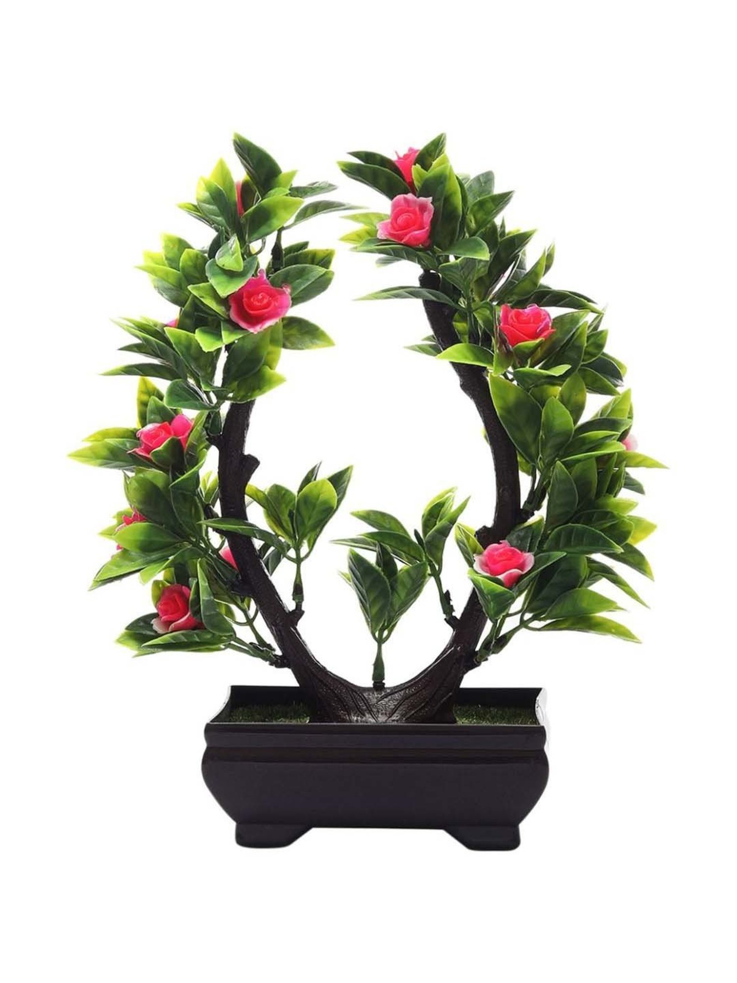 Foliyaj Multicolor Plastic Artificial U Shaped Bonsai Tree With Leaves And Roses