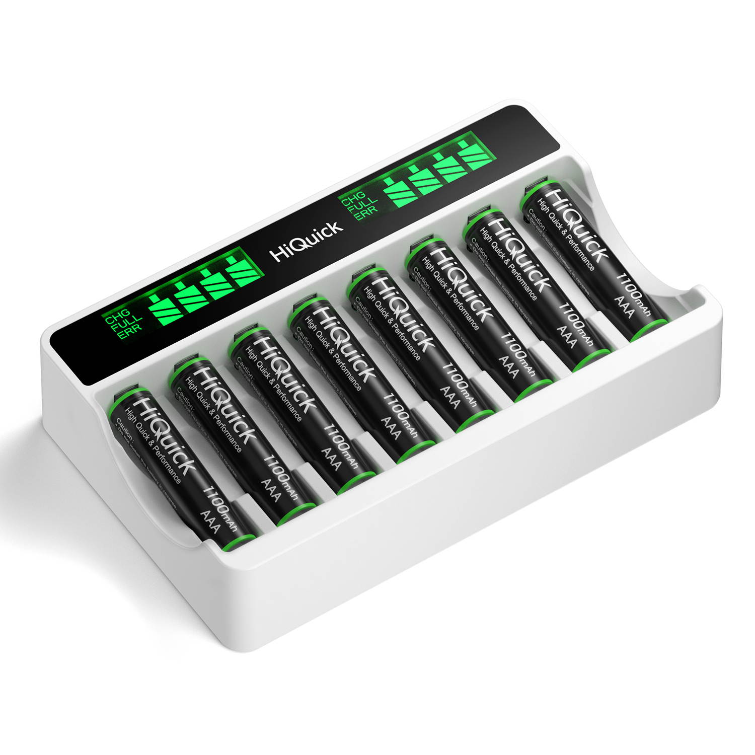 HiQuick 8 Packs 1100mAh 1.2V AAA Rechargeable Batteries + 8 Bay Independent LCD Battery Charger for Ni-MH Ni-CD Battery