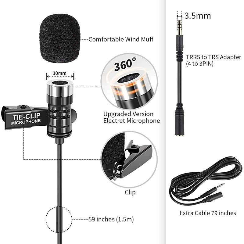 Lapel Microphone with 65 Feet Extension Cable and 4 to 3 Pin Adapter 35mm Clipon Omnidirectional Lavalier Mic for iPhone Android Smartphone
