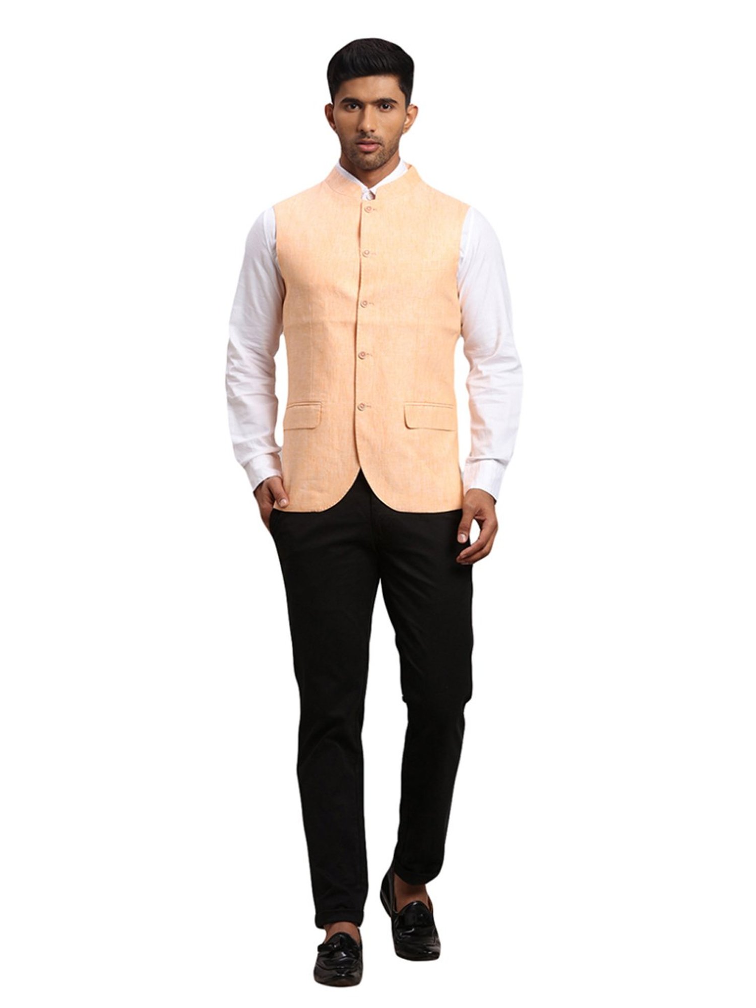 Parx Orange Linen Regular Fit Nehru Jacket