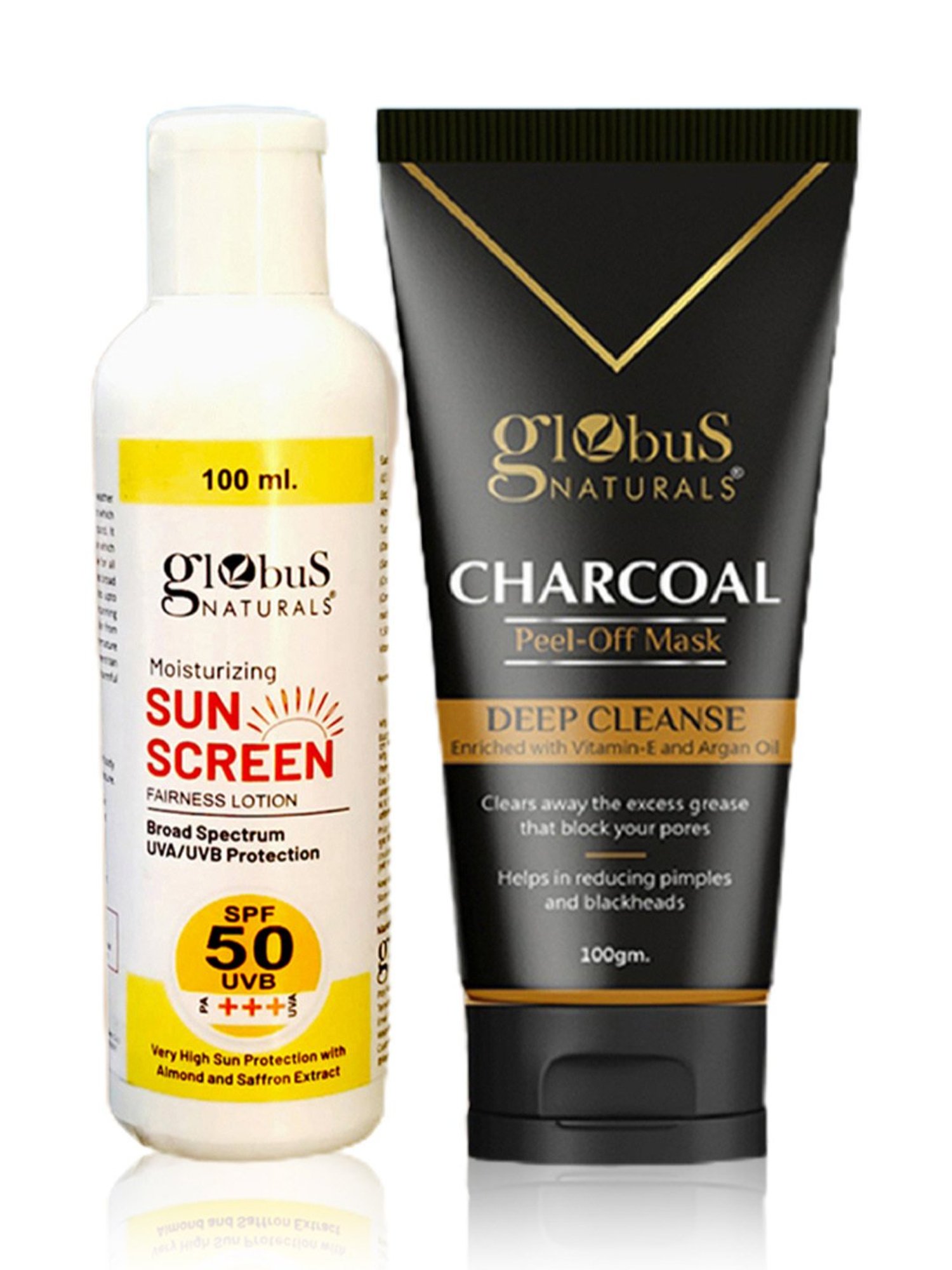 Globus Naturals Moisturizing Sunscreen SPF 50+++ & Charcoal Peel Off Mask Combo