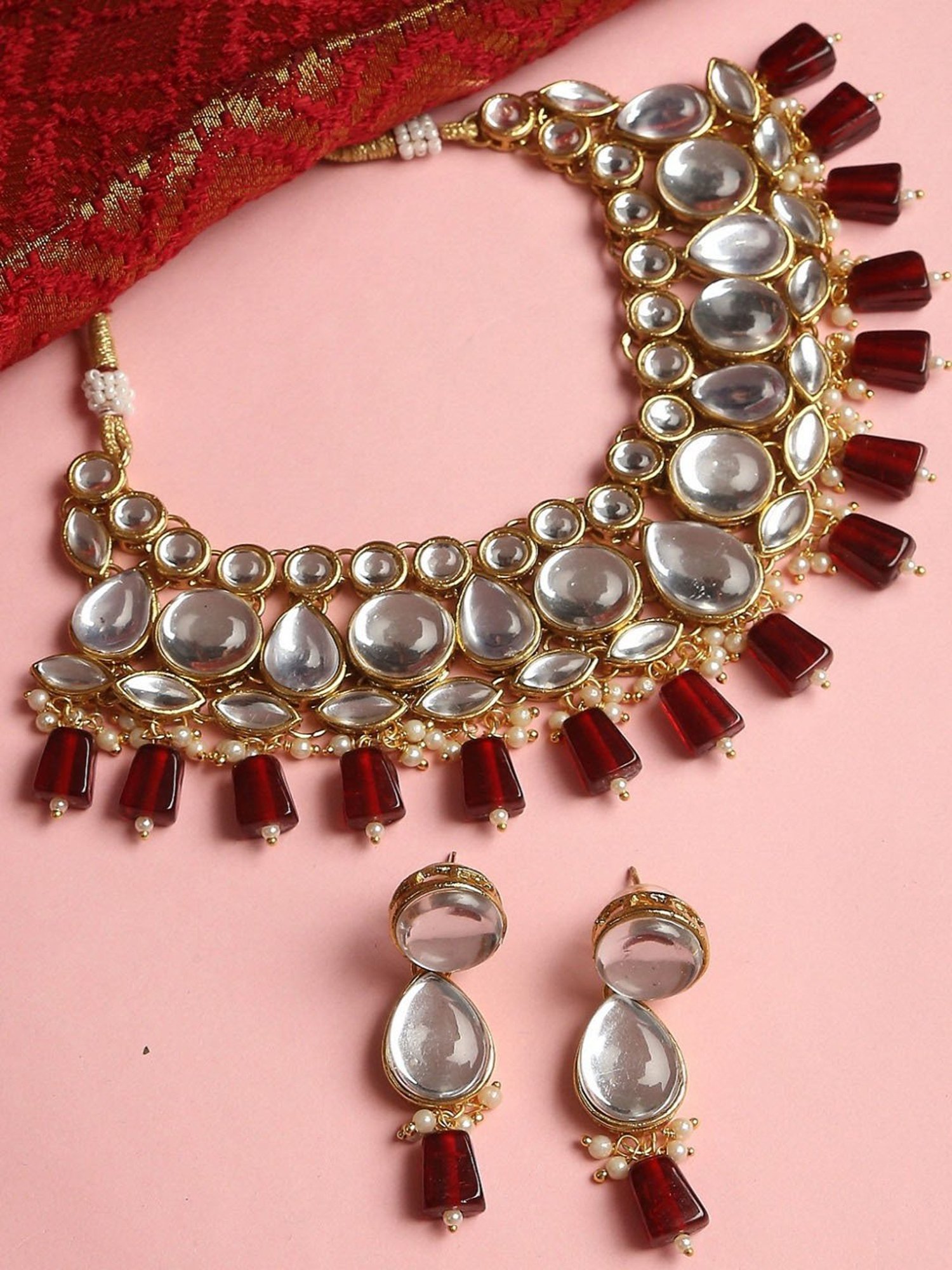 OOMPH Maroon Beads & Kundan Heavy Ethnic Jadau Choker Necklace Set with Drop Earrings