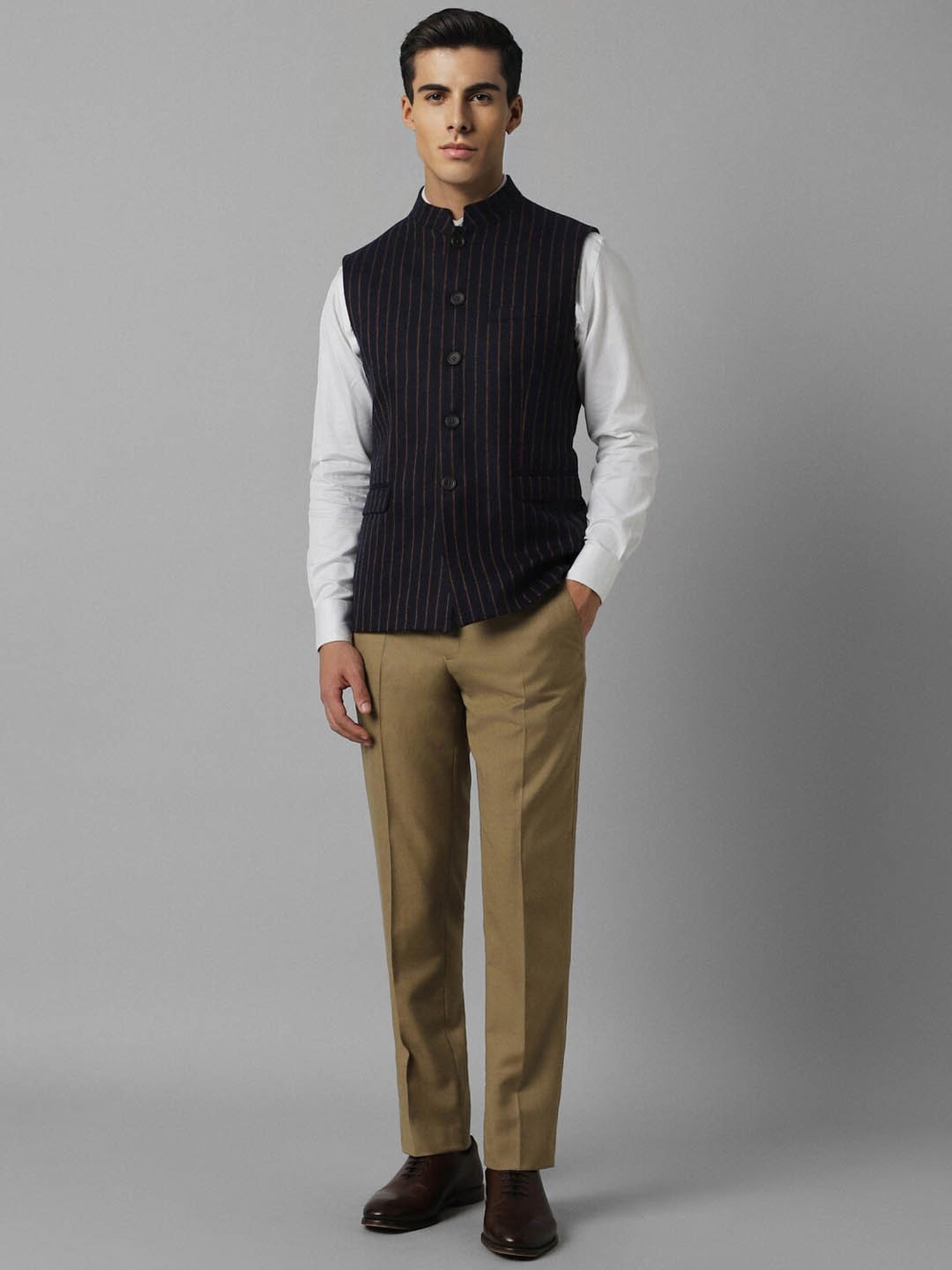 Louis Philippe Navy Slim Fit Striped Nehru Jacket
