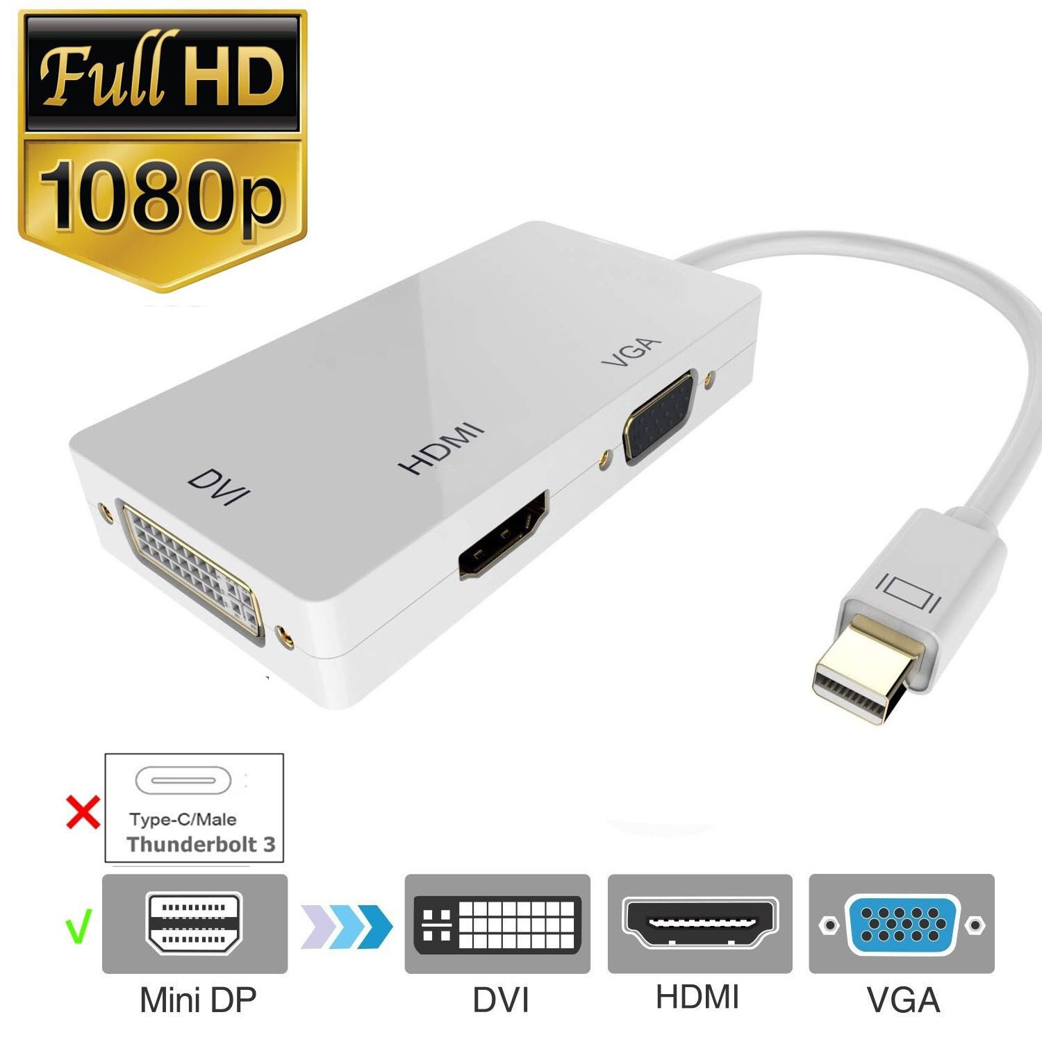 Mini DP to HDMI VGA DVI, ESTONE 3 in 1 Gold Plated Mini DisplayPort (Thunderbolt) Adapter Compatible with MacBook, iMac, Mac Book Air, DP Version 1080P, (1080P, White)