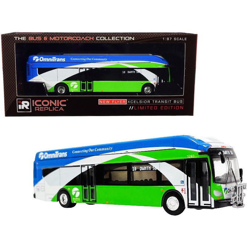 New Flyer Xcelsior XN40 Transit Bus w/Bike Rack #10 "OmniTrans" (San Bernardino) Green 1/87 HO Diecast Model by Iconic Replicas