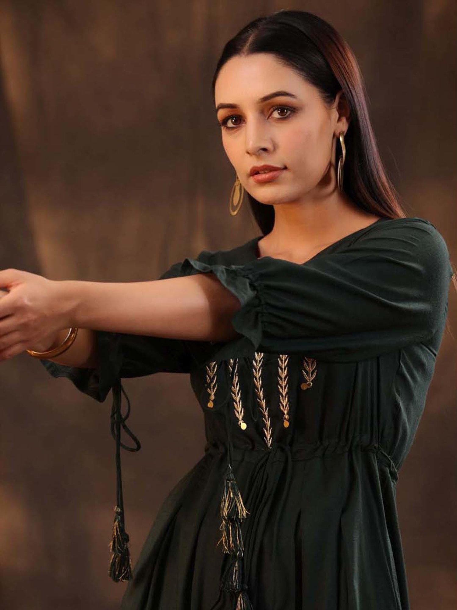 Juniper Jade Green Ethnic Motif Printed Rayon Slub Jumpsuit With Zari Work Embroidery