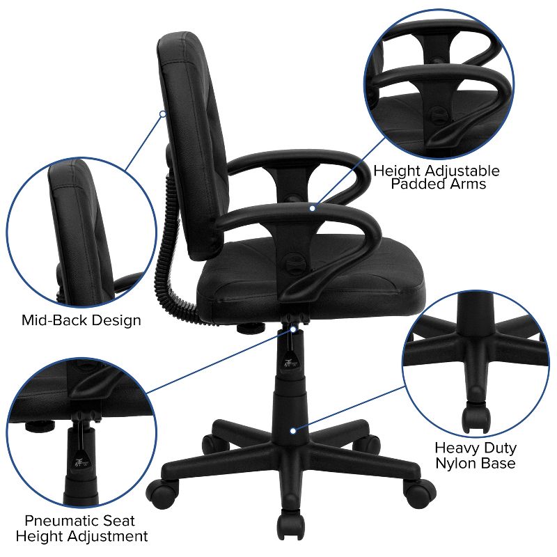 Emma and Oliver Mid-Back Black Leather Swivel Ergonomic Task Office Chair with Adjustable Arms