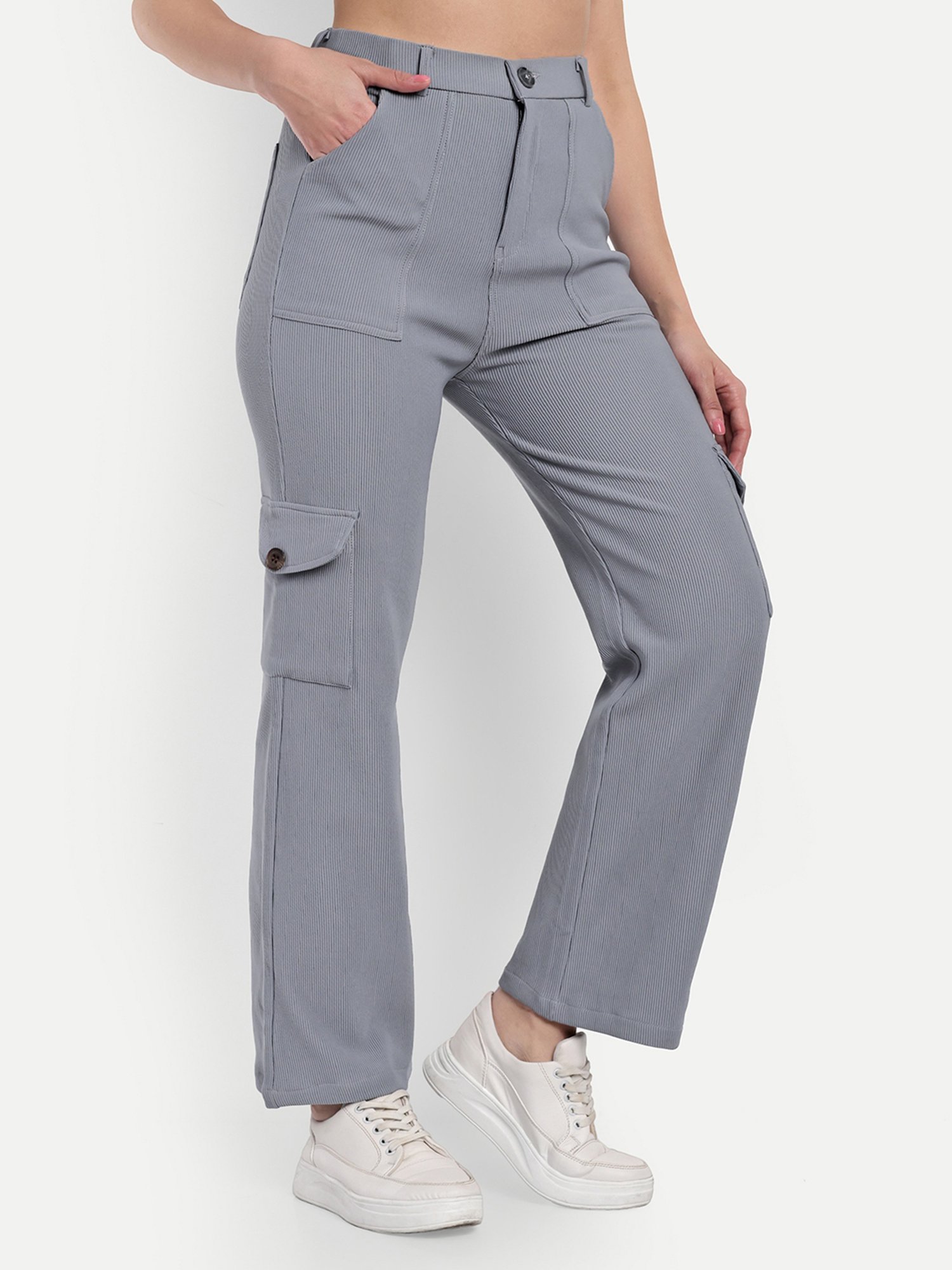 Broadstar Grey Cotton Straight Fit High Rise Cargo Pants