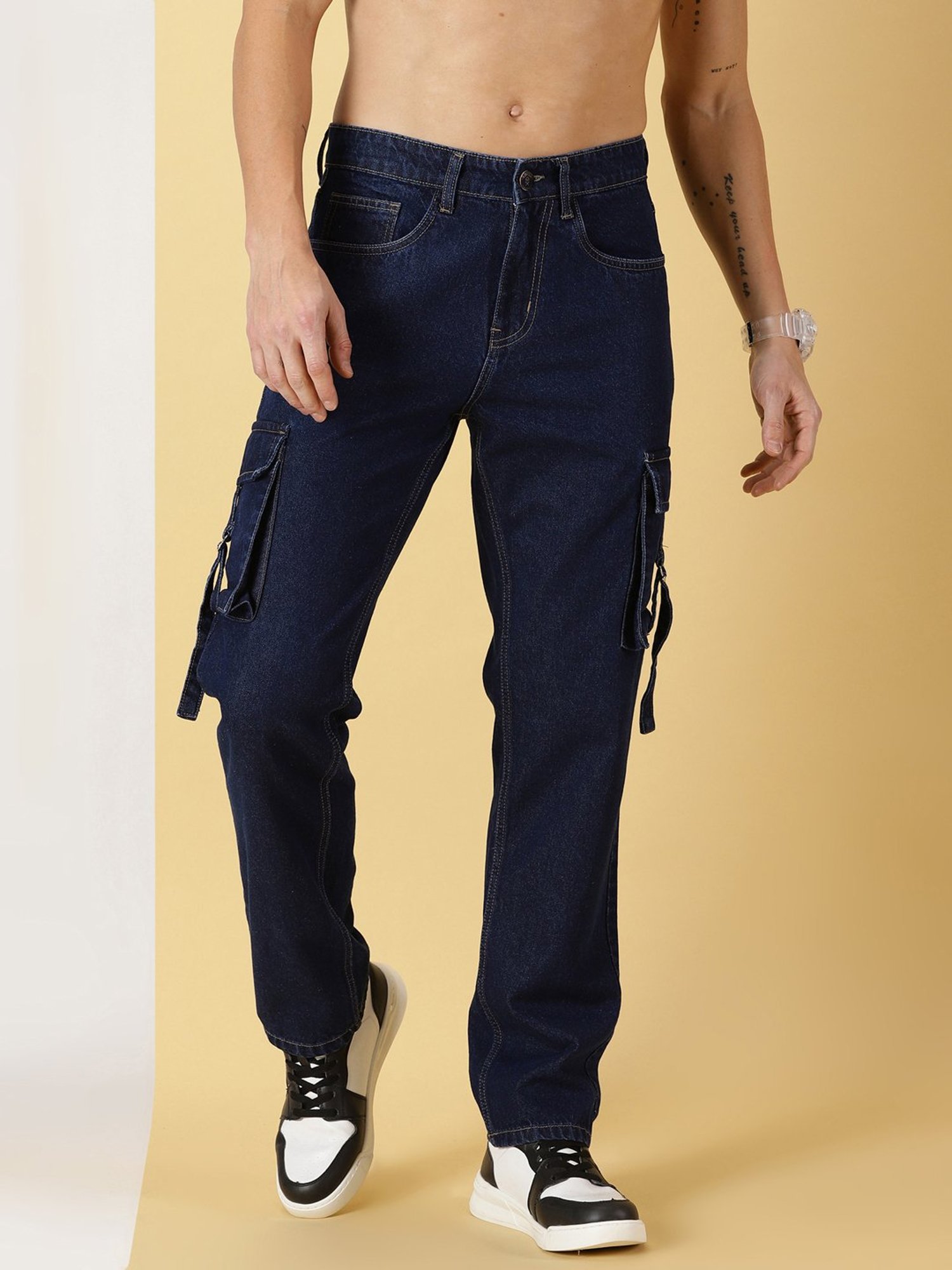 Thomas Scott Dark Blue Slim Fit Lightly Washed Cargo Jeans