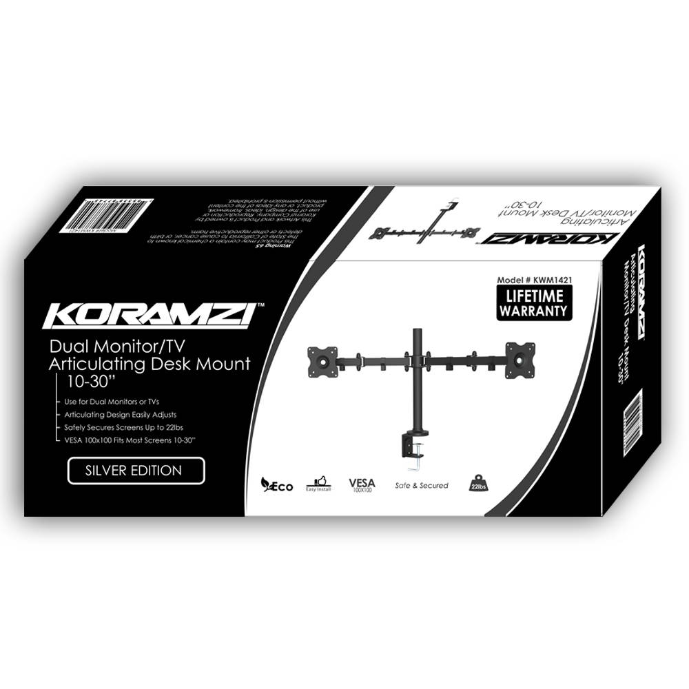 Koramzi Desk Dual Mount Stand for LCD/LED Monitor and TV Heavy Duty Fully Adjustable Arms and height, Fits 10" to 30" Monitors and TVs Includes wire clips- KWM1421 (Dual Arm)