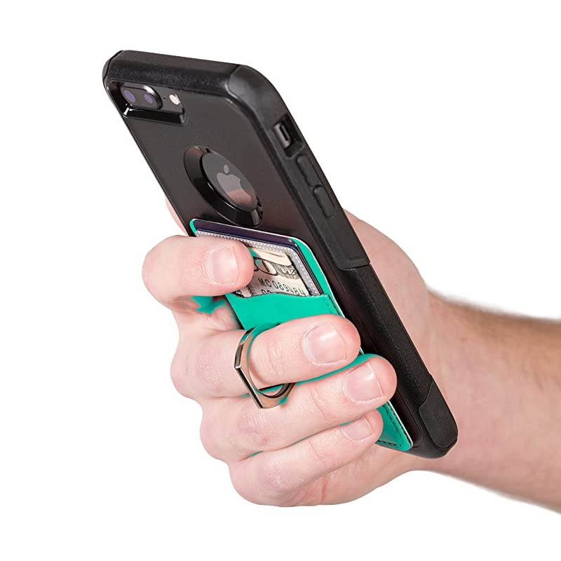 PU Leather Cell Phone WalletPocketCard Holder with Ring Stand for Mobile Devices Adhesive Sticker Back Seafoam