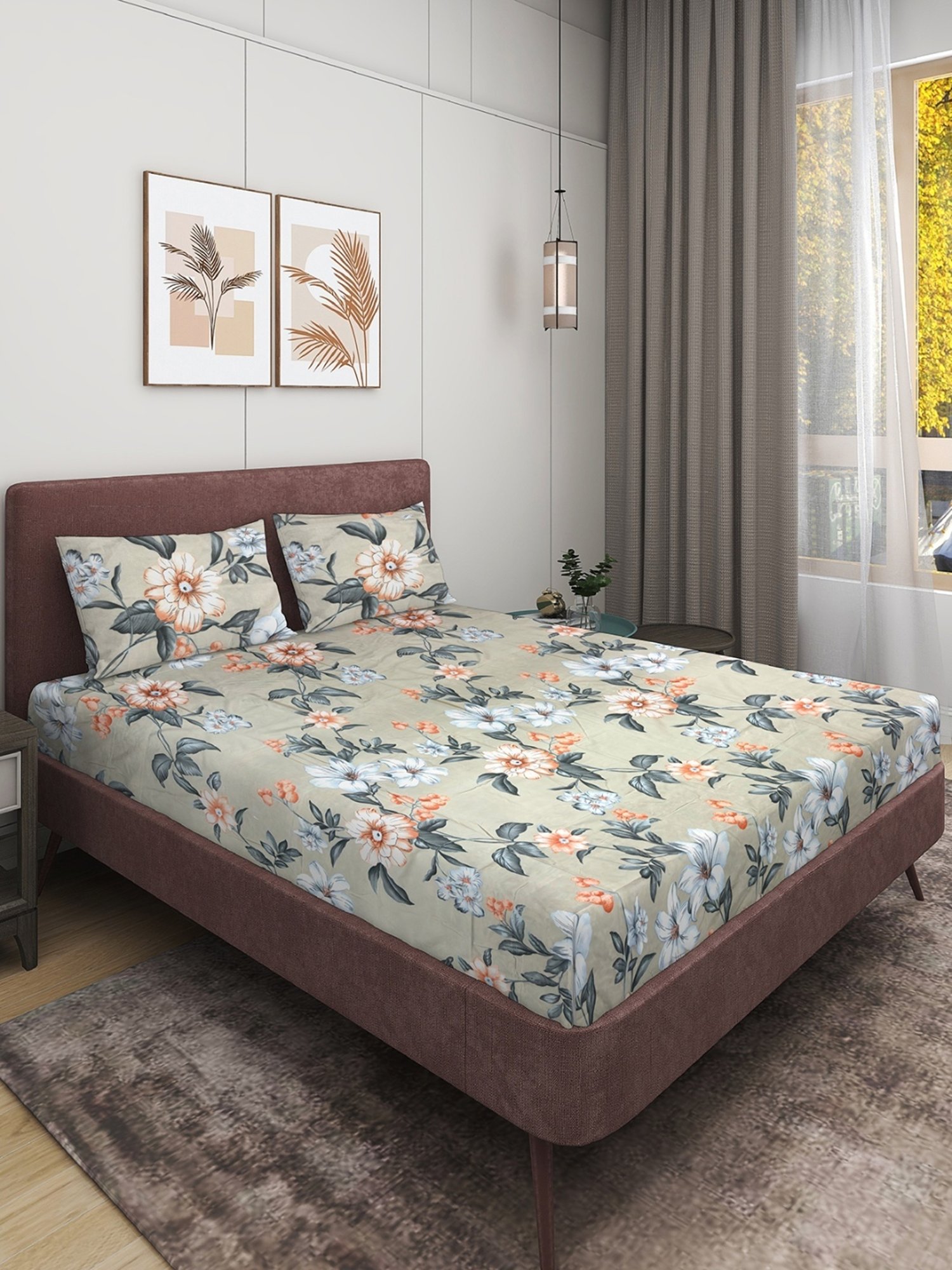 Romee Beige Cotton Floral Bed Sheets