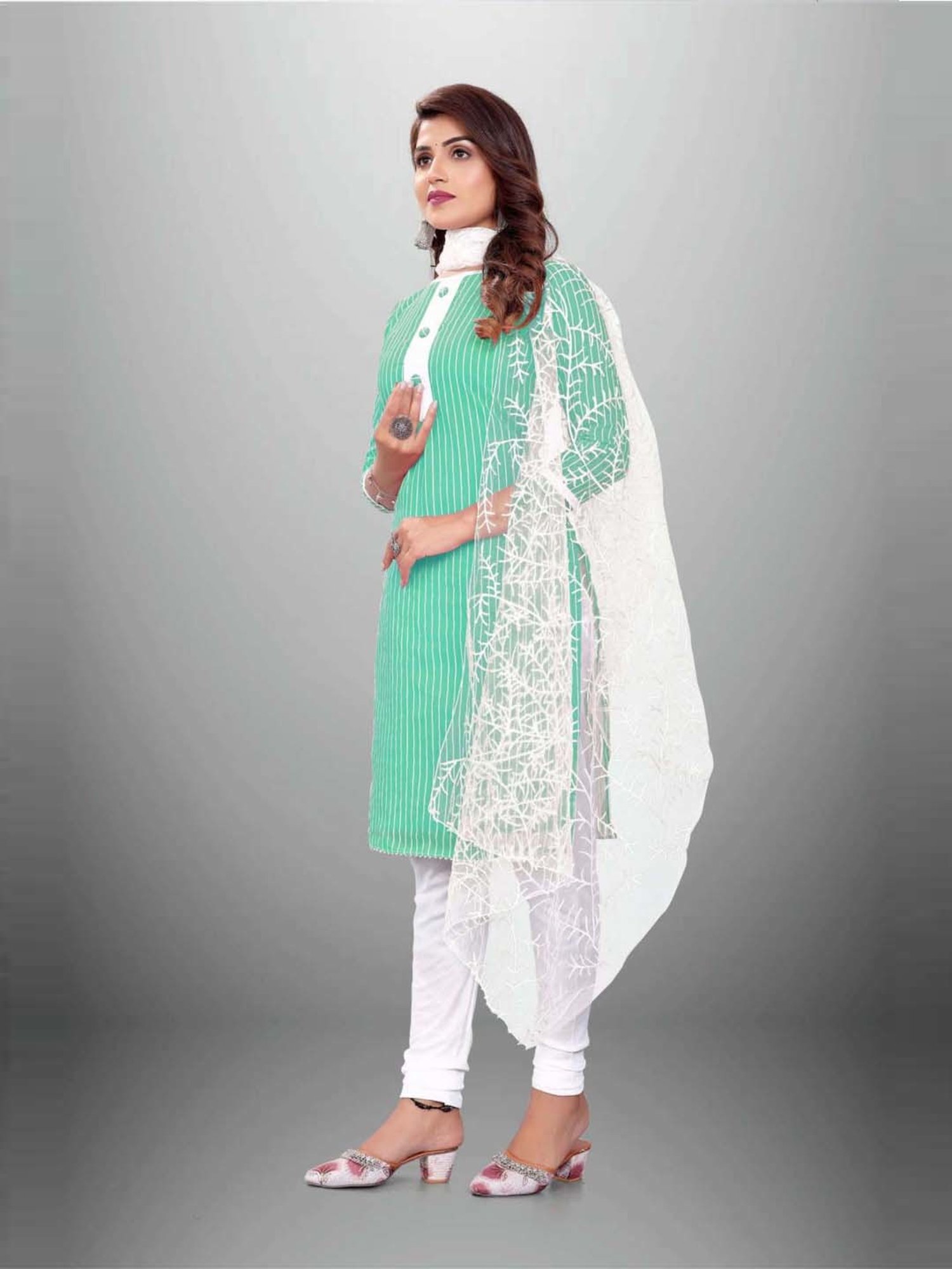 APNISHA Green & White Cotton Striped Unstitched Dress Material