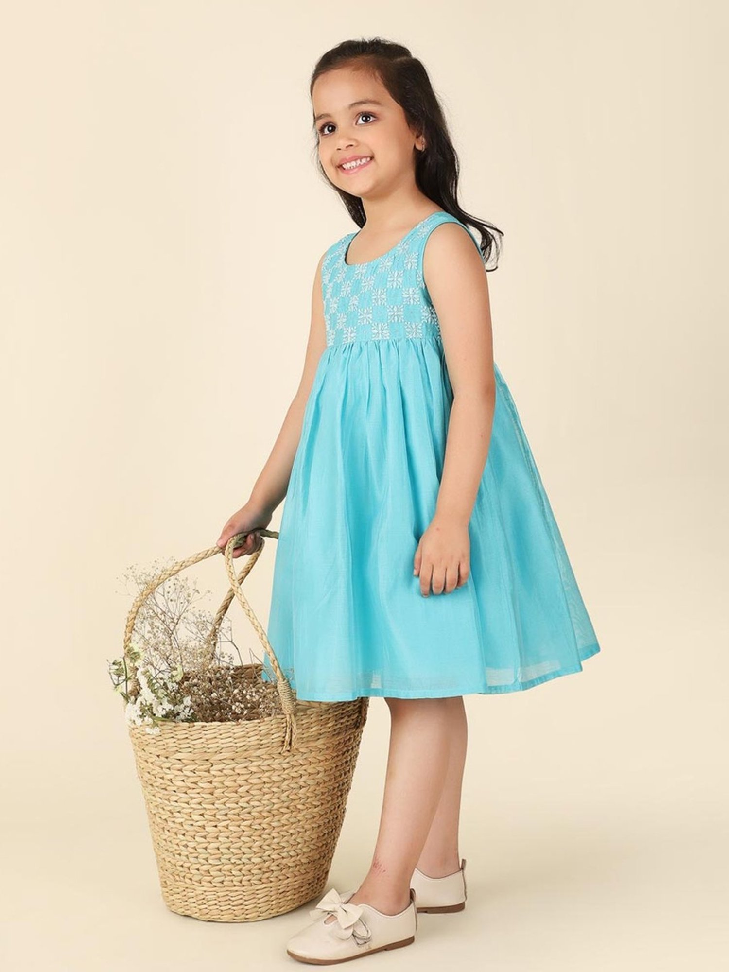 Fabindia Kids Blue Embroidered Dress