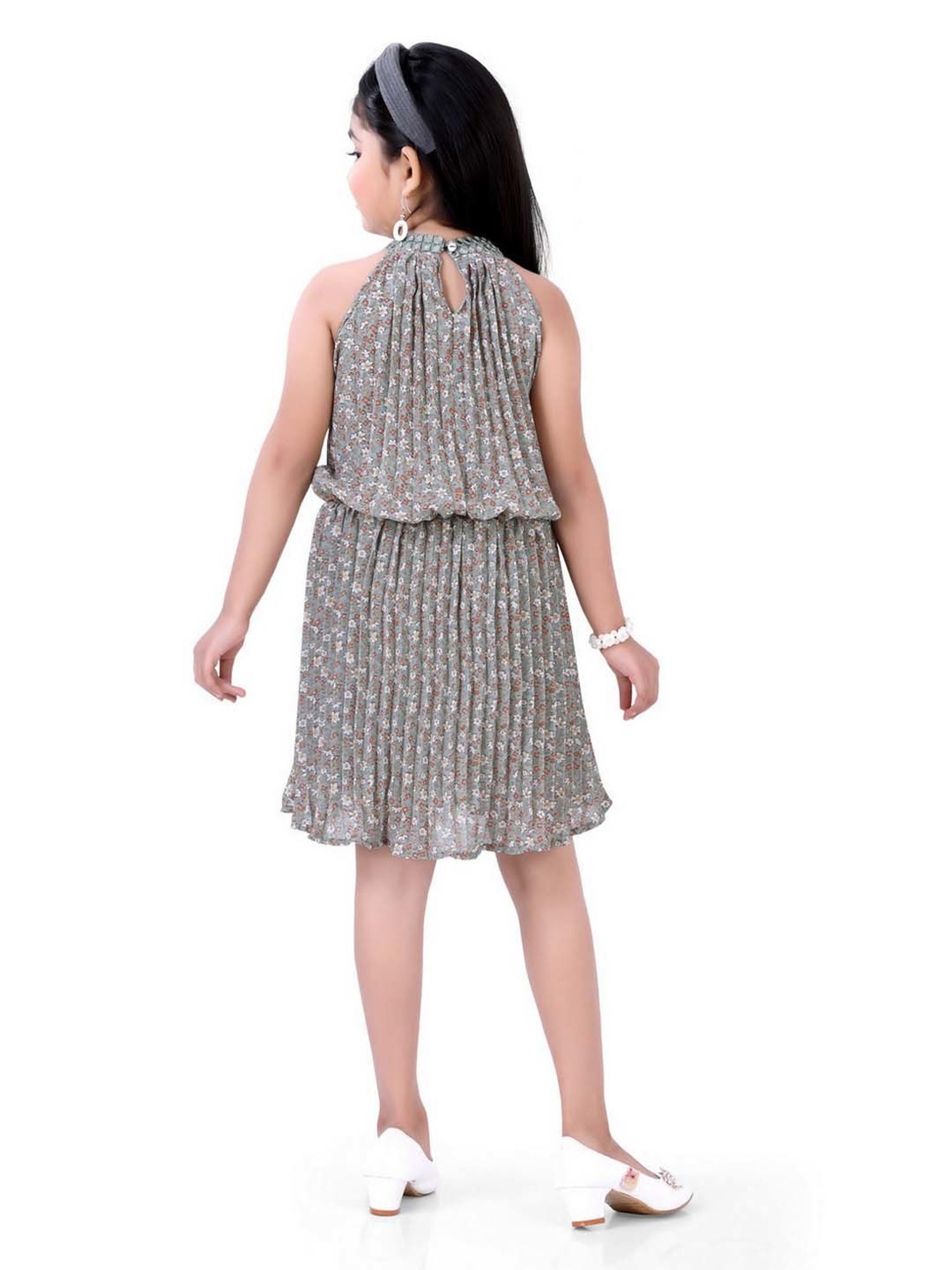 poplins Kids Green Cotton Floral Print Dress